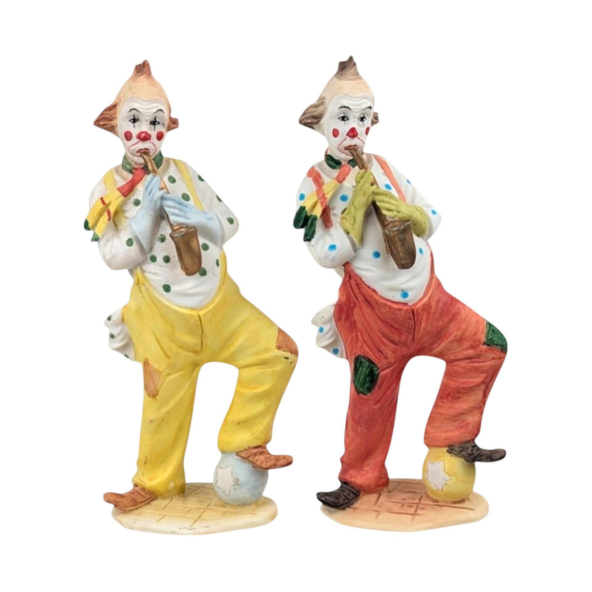 Vintage Resin Clown Figurines, 8" Clown Decor, Whimsical Clown Pair, Gift for Clown Collector, Circus Decor