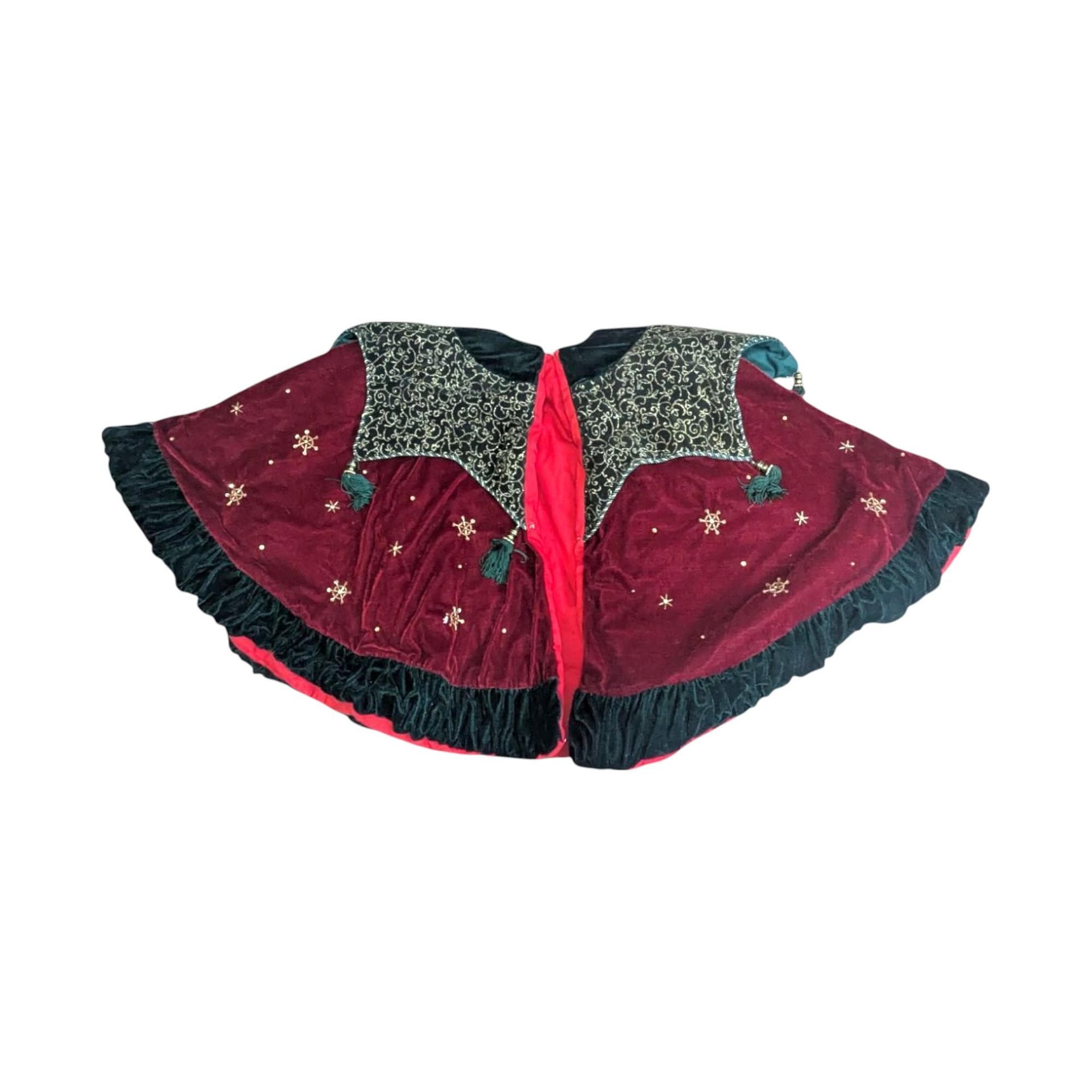 Vintage Handmade Burgundy and Green Velvet Shawl with Eyelet Clasps, One-Size, Warm, Festive