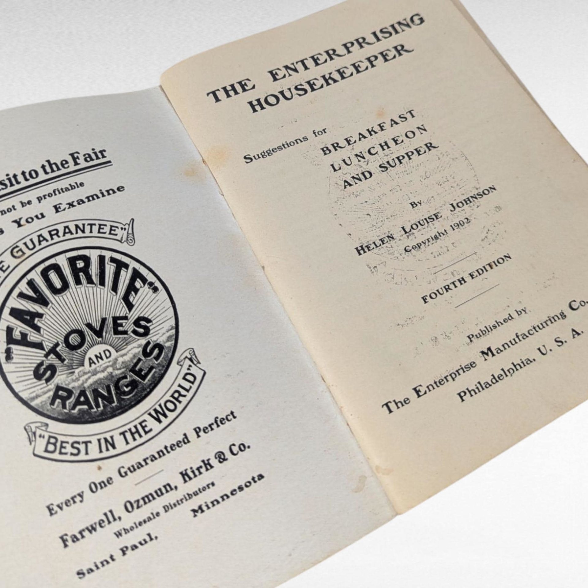 1902 Enterprising Housekeeper, Antique Cookbook, Helen Johnson Enterprise, Mfg Co PA, Advertising Recipes, Vintage Softcover Booklet