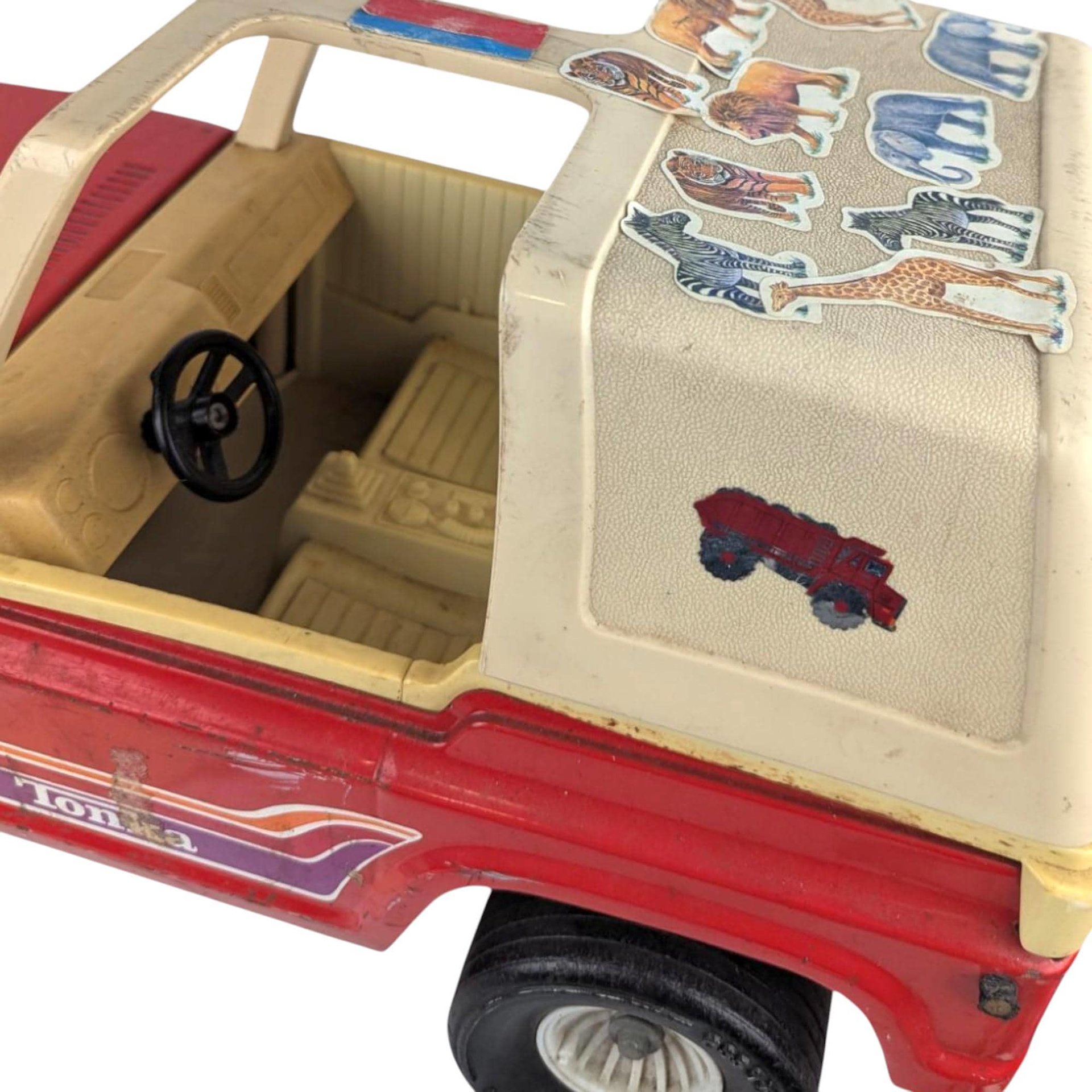 Vintage Red Metal Tonka Mighty Adventure Jeep, 18" Length, Stickers, Collectible Tonka Toy, Gift for Collector