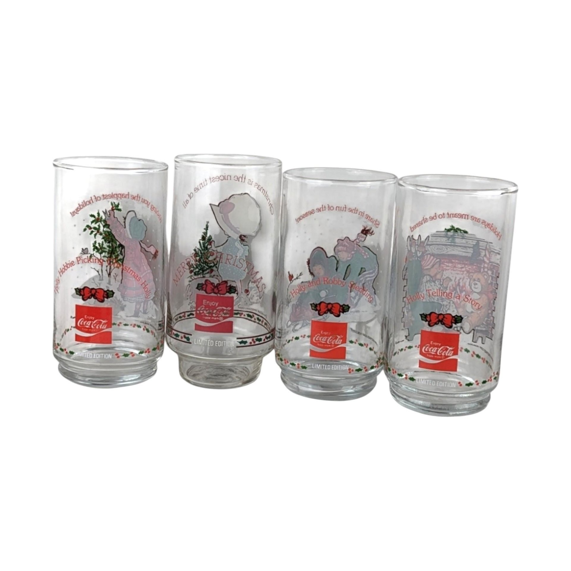 1982 Coca Cola Holly Hobbie Christmas Glasses, Vintage Set of 4 Collectible Holiday Drinkware, Gift for Nostalgia Lovers