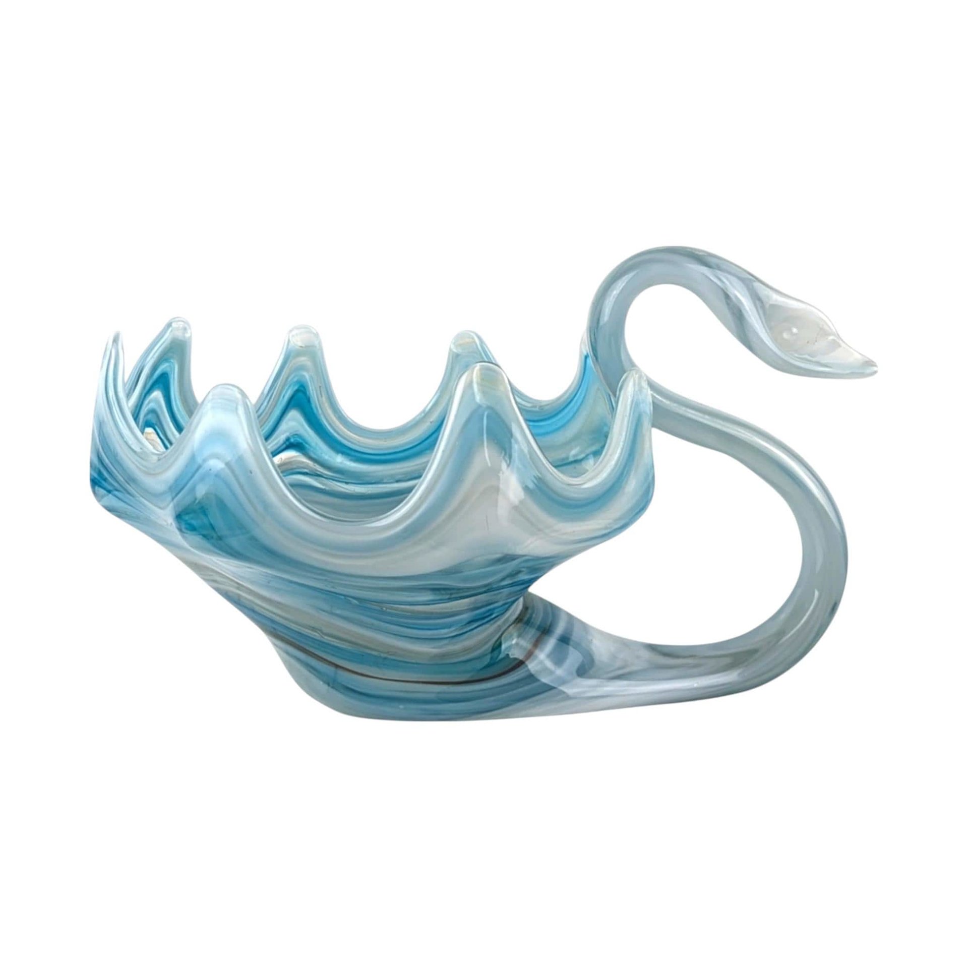 Vintage Blue Swirl Glass Swan Bowl, Hand-Blown, Mid-Century Modern, Collectible