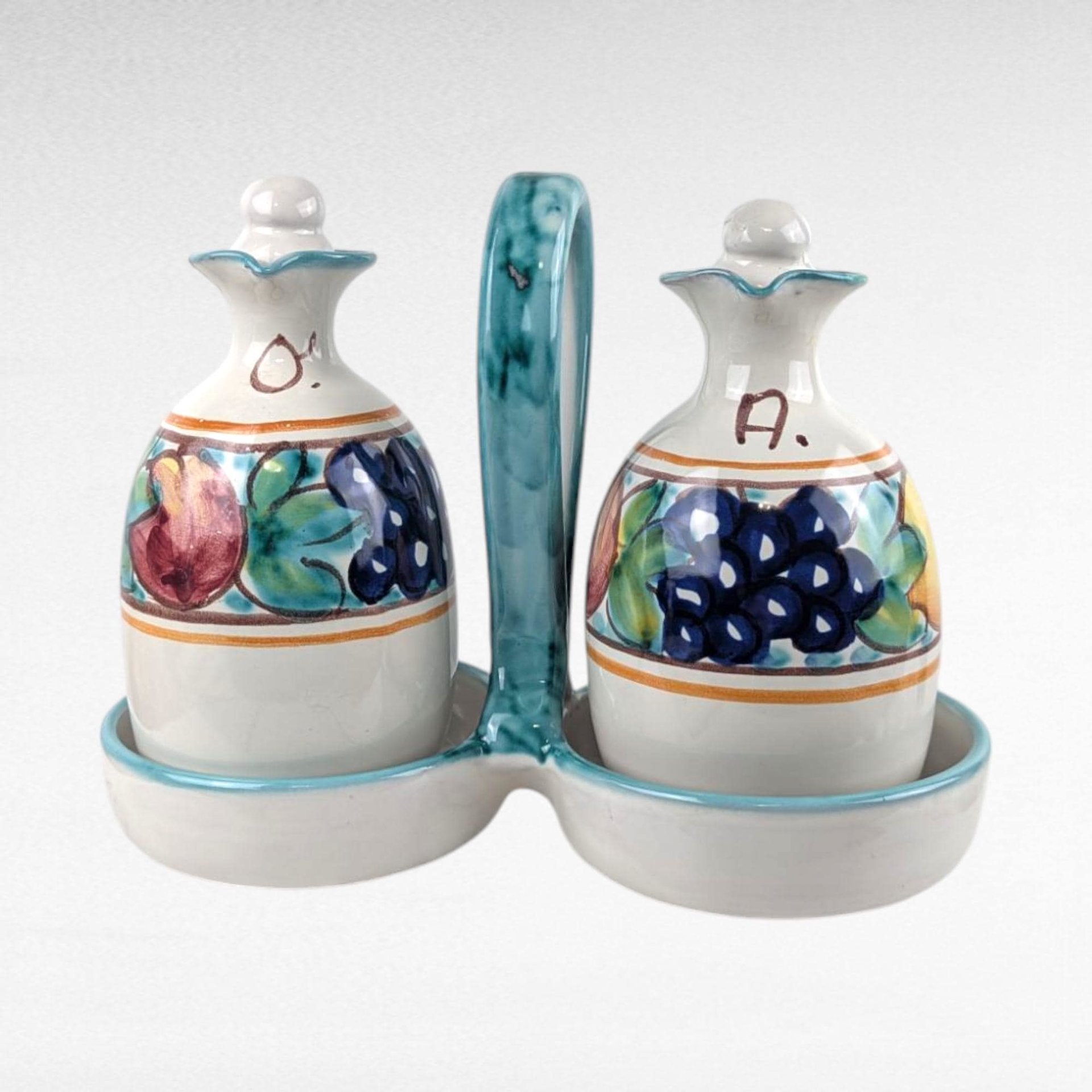 Vintage Italian Pottery Cruet Set, Hand Painted Oil and Vinegar Bottles with Caddy, Tuscan Kitchen Decor, Made in Italy