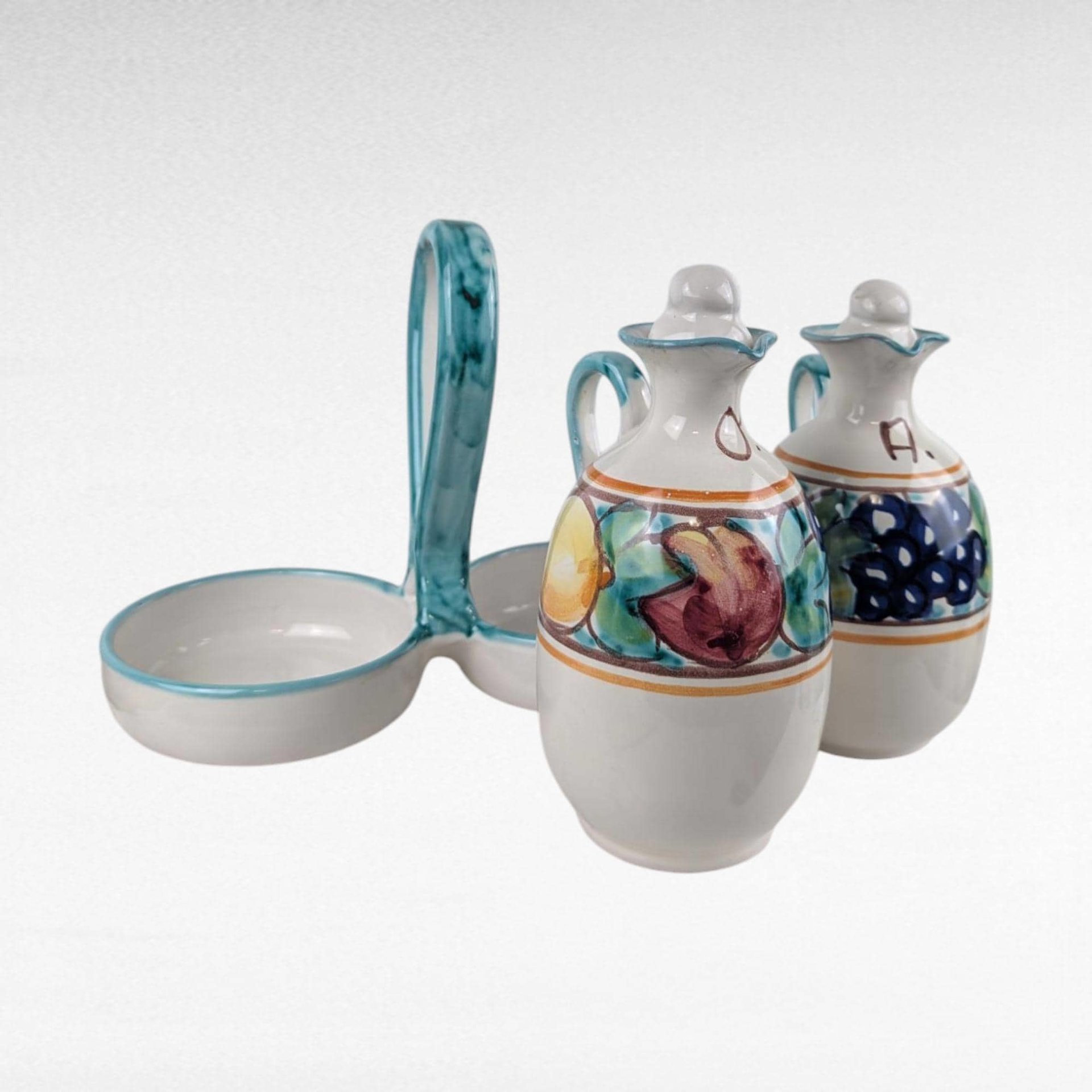 Vintage Italian Pottery Cruet Set, Hand Painted Oil and Vinegar Bottles with Caddy, Tuscan Kitchen Decor, Made in Italy