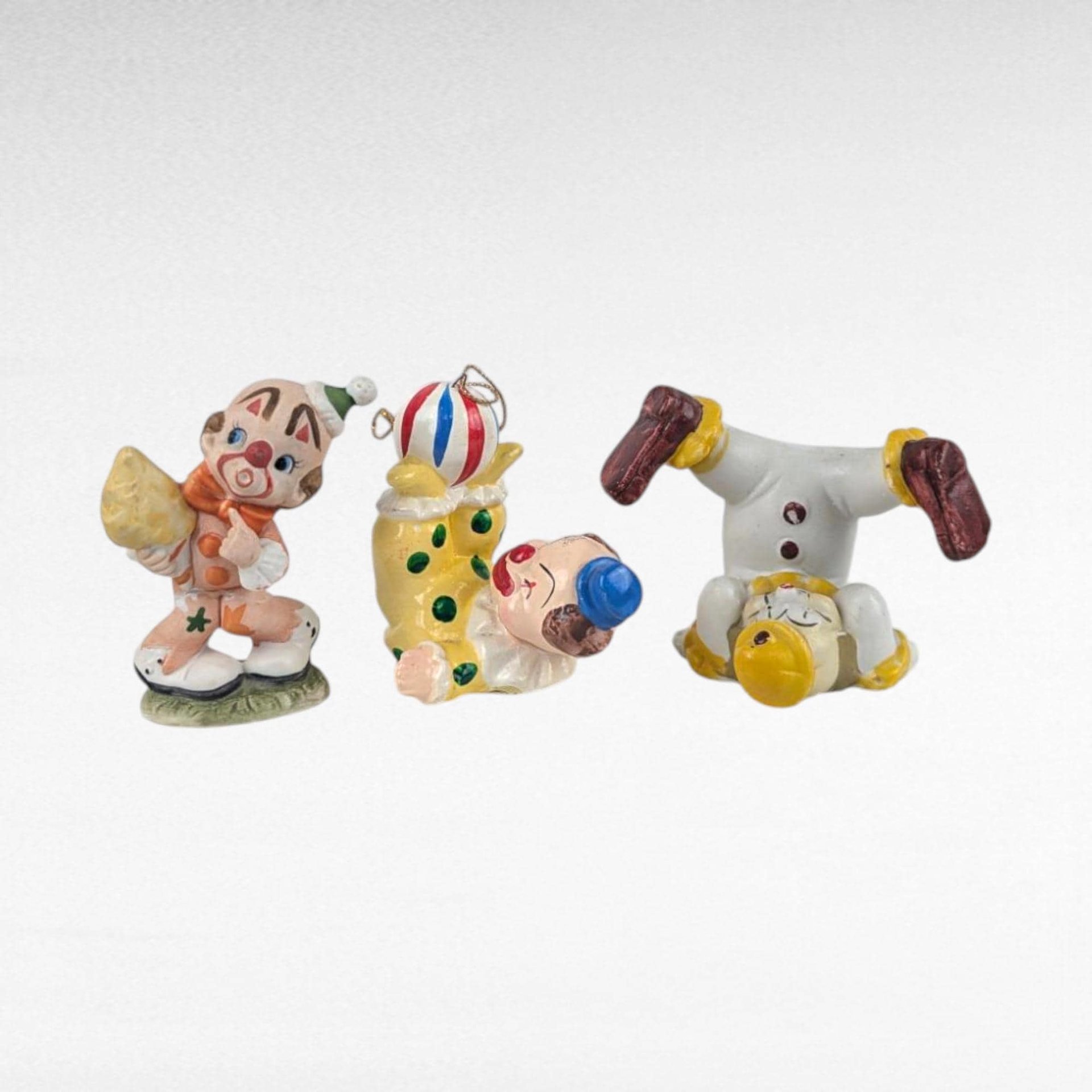 Vintage Clown Figurines, Set of 3 Tumbling Ceramic Clowns, 1980s Miniature Circus Figures, Collectible Shelf Decor