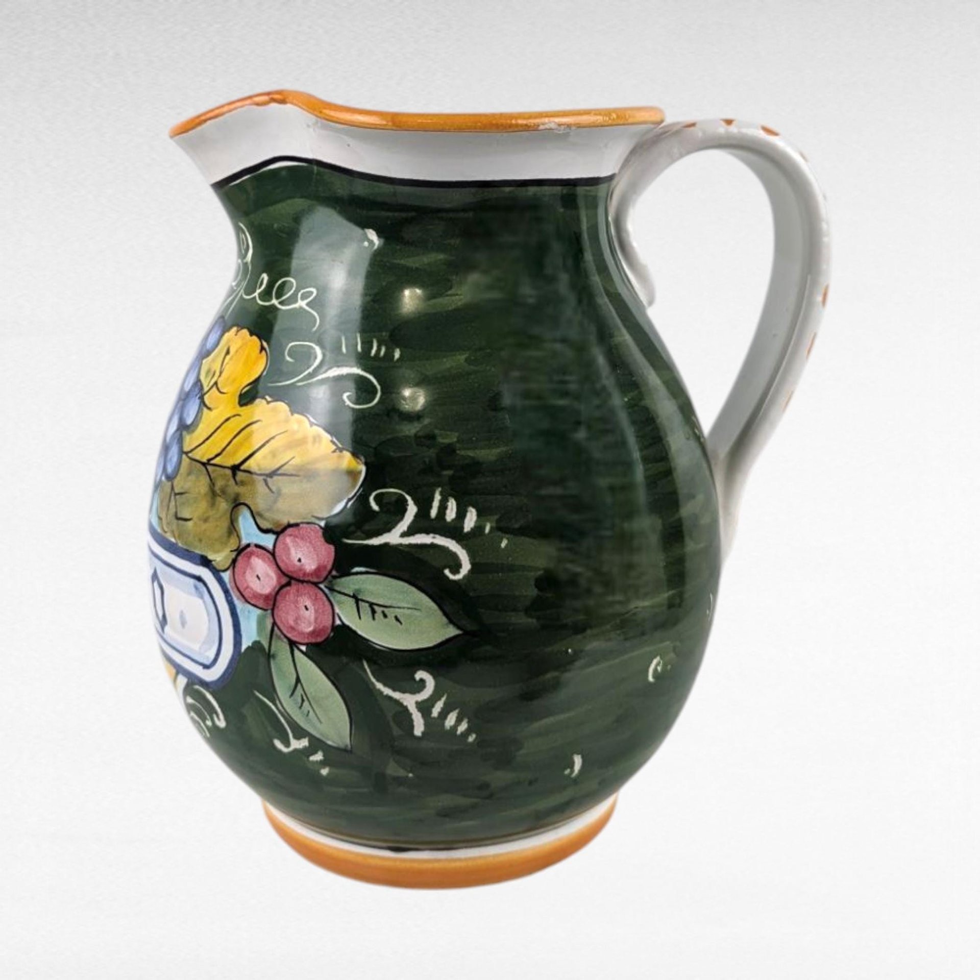 Vintage Italian Pottery Vino Pitcher, Hand Painted Ceramic Wine Carafe with Grape Motif, Made in Italy, Tuscan Kitchen Decor, Rustic Barware