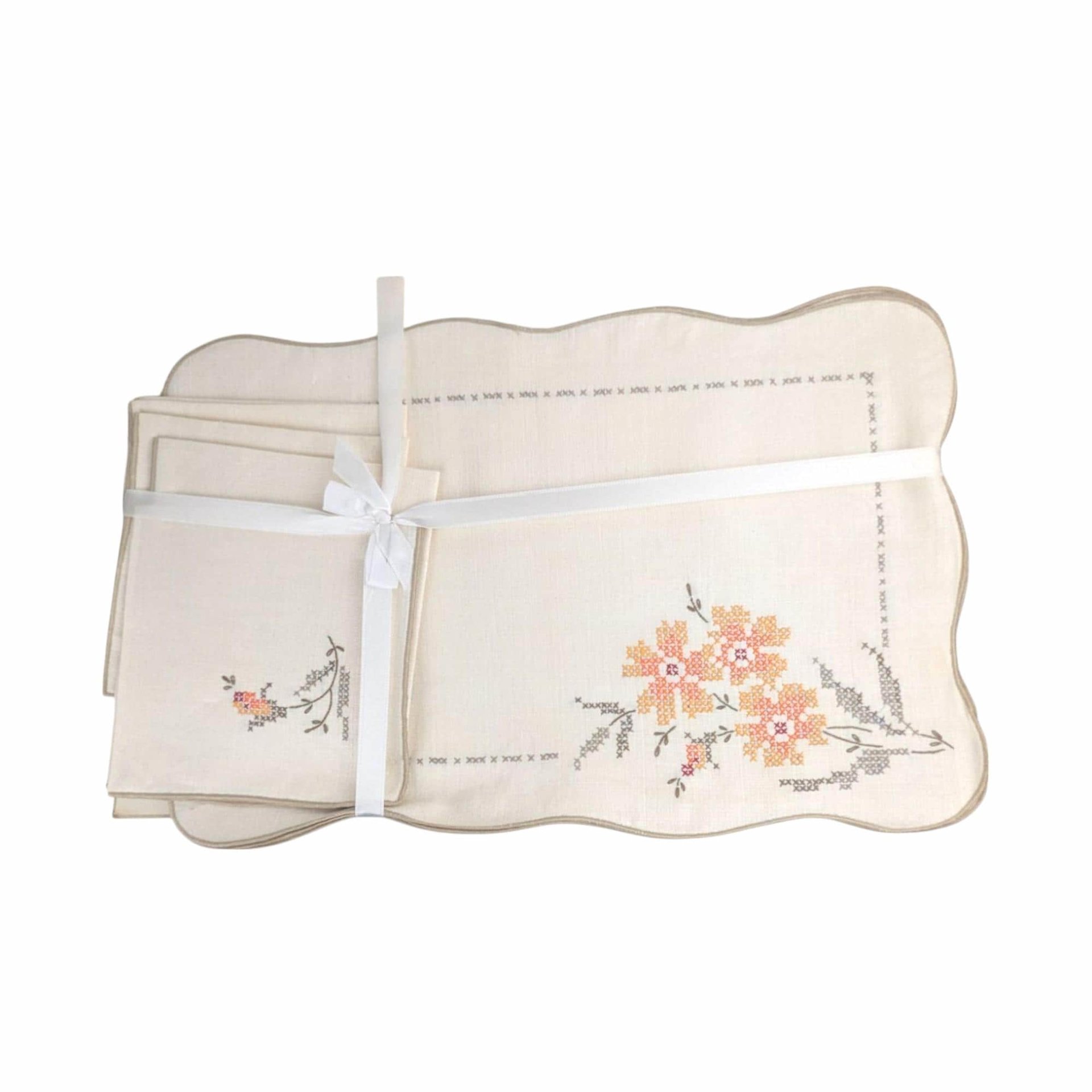 Vintage Bucilla Cross Stitch Placemat Set with Napkins, Unused Floral Embroidered Linens for Farmhouse Cottage Dining Table Decor
