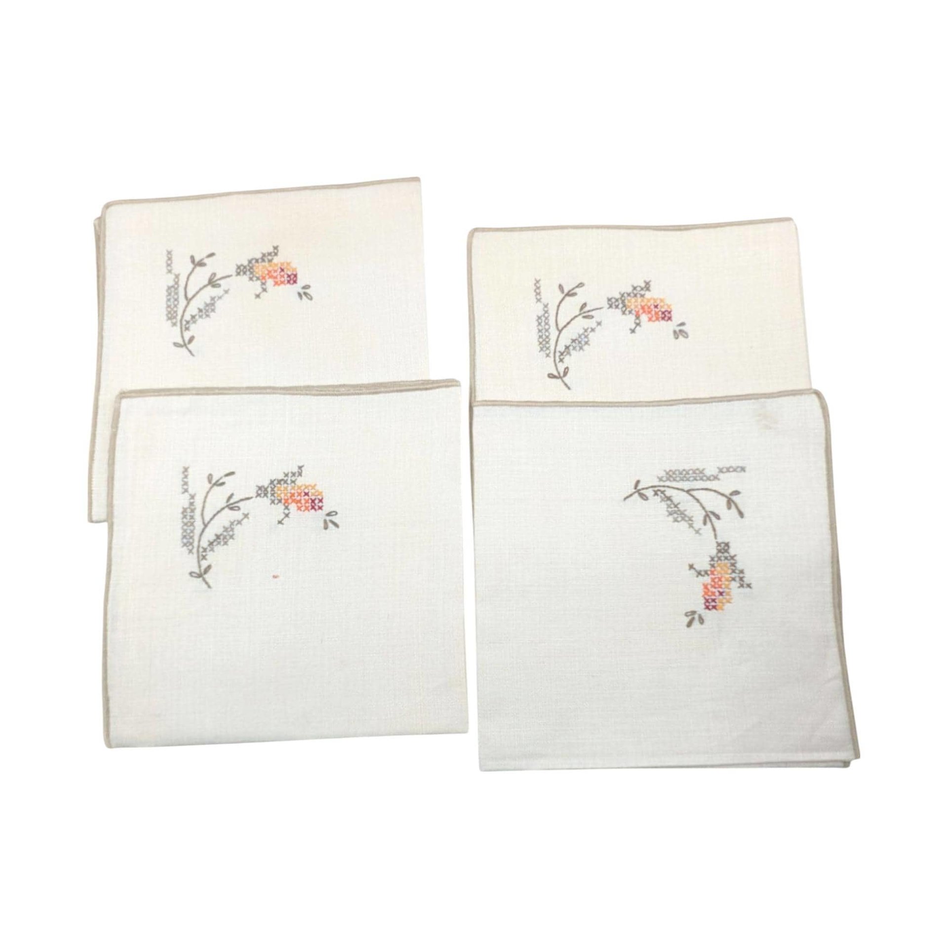 Vintage Bucilla Cross Stitch Placemat Set with Napkins, Unused Floral Embroidered Linens for Farmhouse Cottage Dining Table Decor