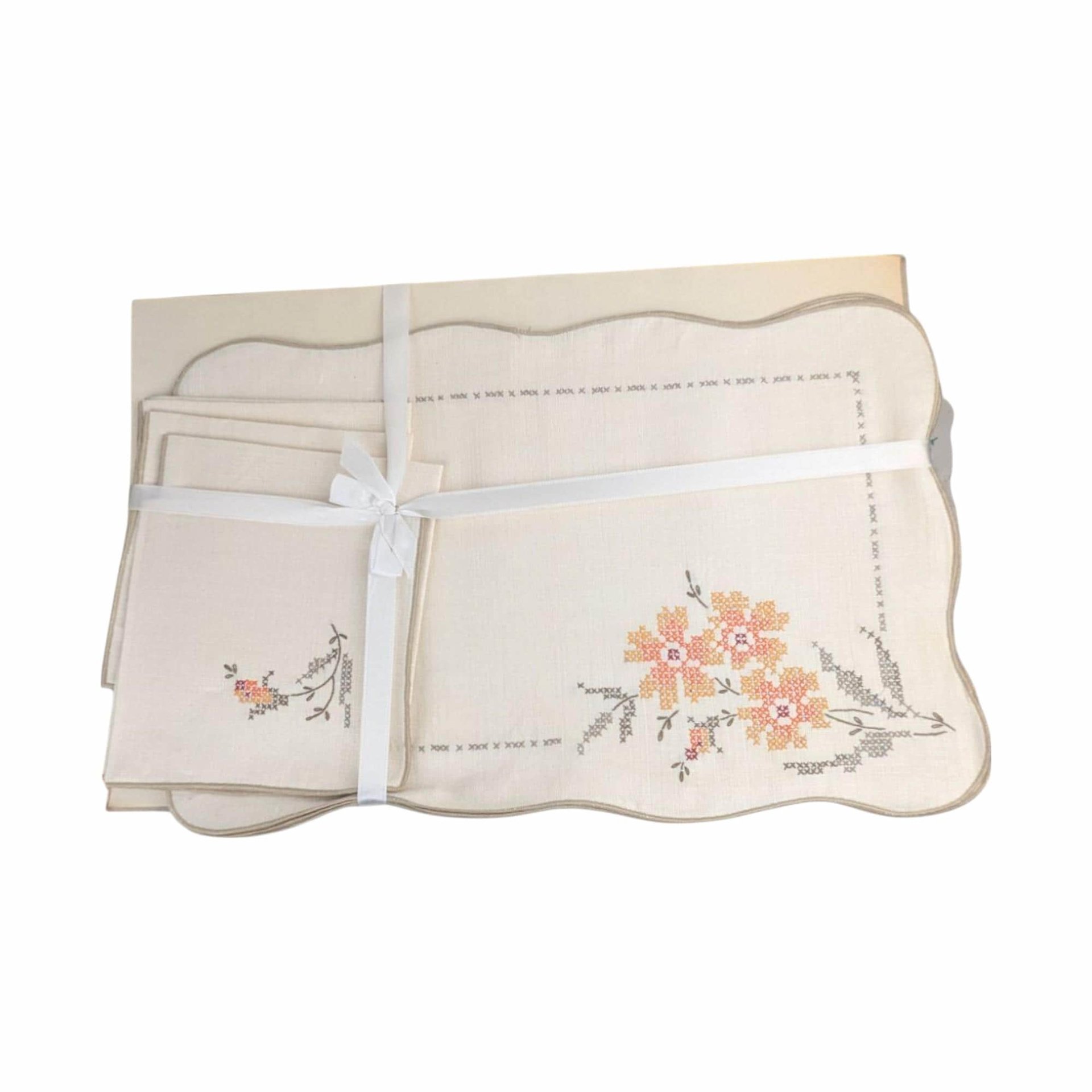 Vintage Bucilla Cross Stitch Placemat Set with Napkins, Unused Floral Embroidered Linens for Farmhouse Cottage Dining Table Decor