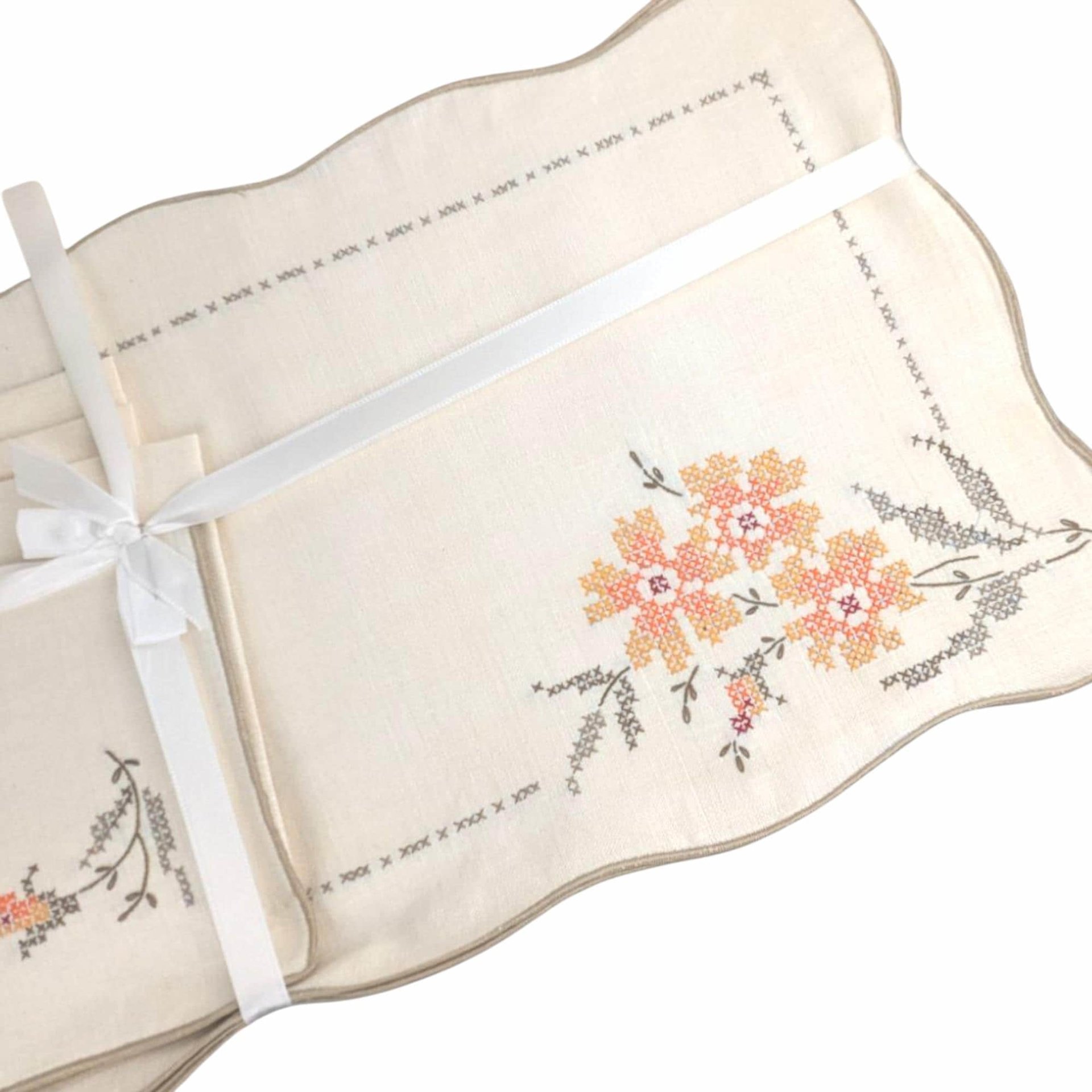 Vintage Bucilla Cross Stitch Placemat Set with Napkins, Unused Floral Embroidered Linens for Farmhouse Cottage Dining Table Decor