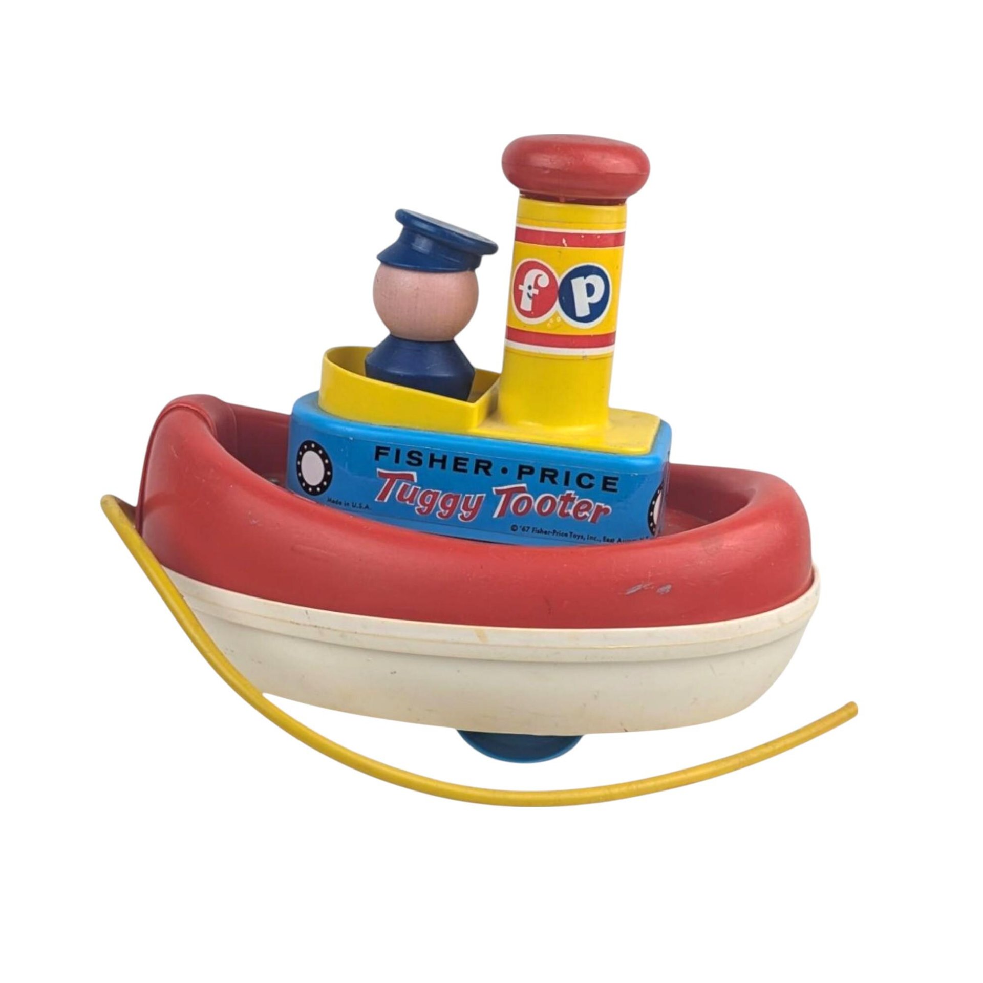 Vintage 1967 Fisher Price Tuggy Tooter Pull Toy #722, Wooden Captain Boat with Tooting Sound, Classic Nursery Decor Toy