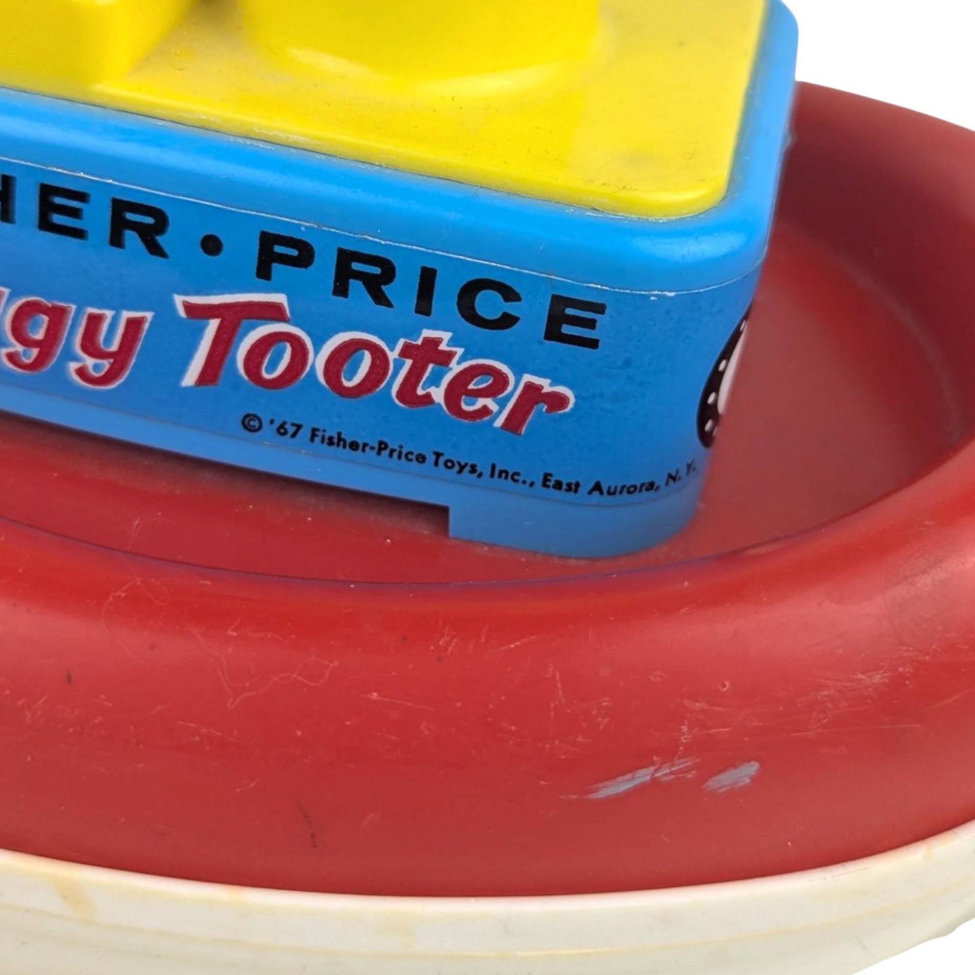 Vintage 1967 Fisher Price Tuggy Tooter Pull Toy #722, Wooden Captain Boat with Tooting Sound, Classic Nursery Decor Toy