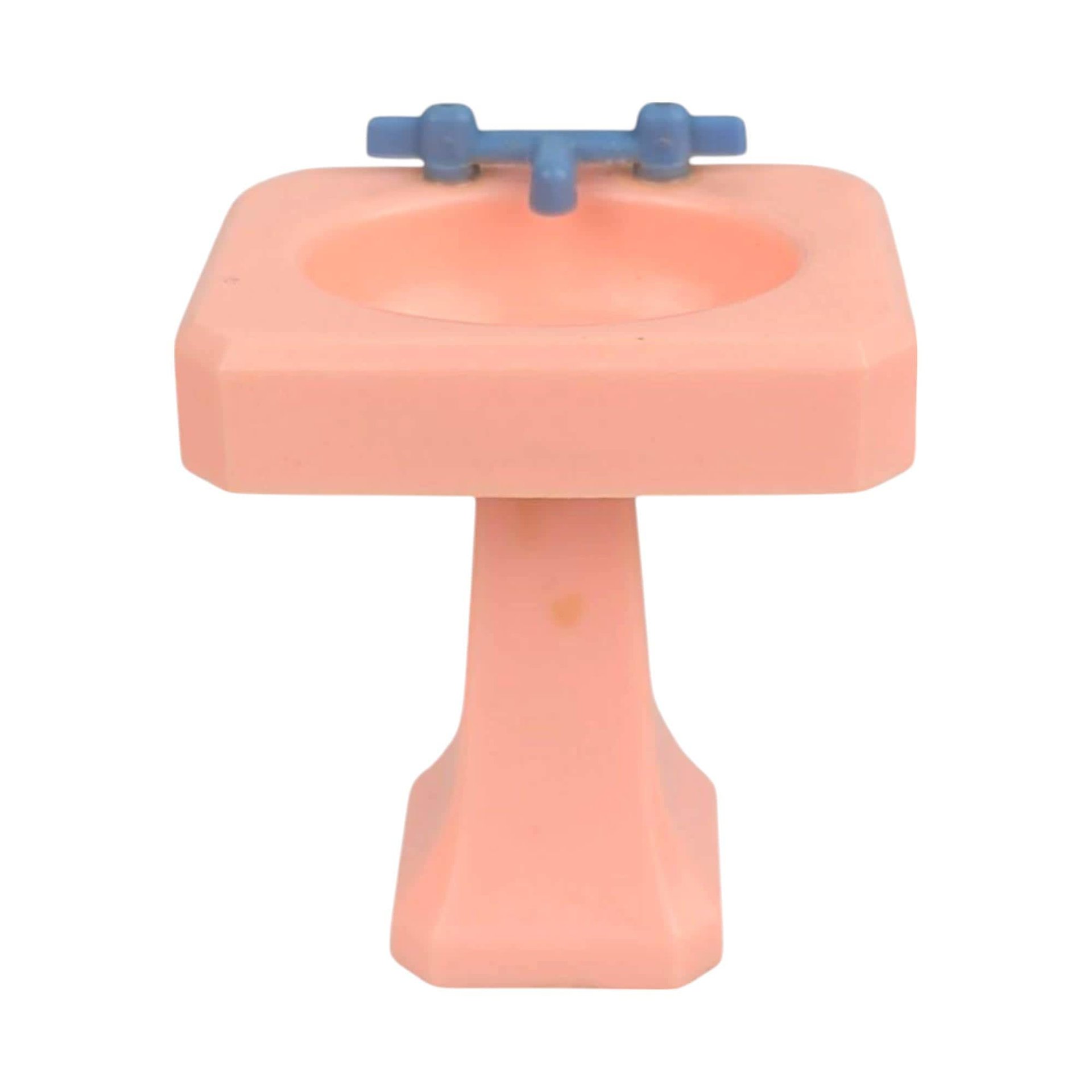 Vintage Renwal Dollhouse Bathroom Furniture, 1950s Pink Plastic Bathtub and Sinks Set, 1:16 Scale Miniature for Doll House