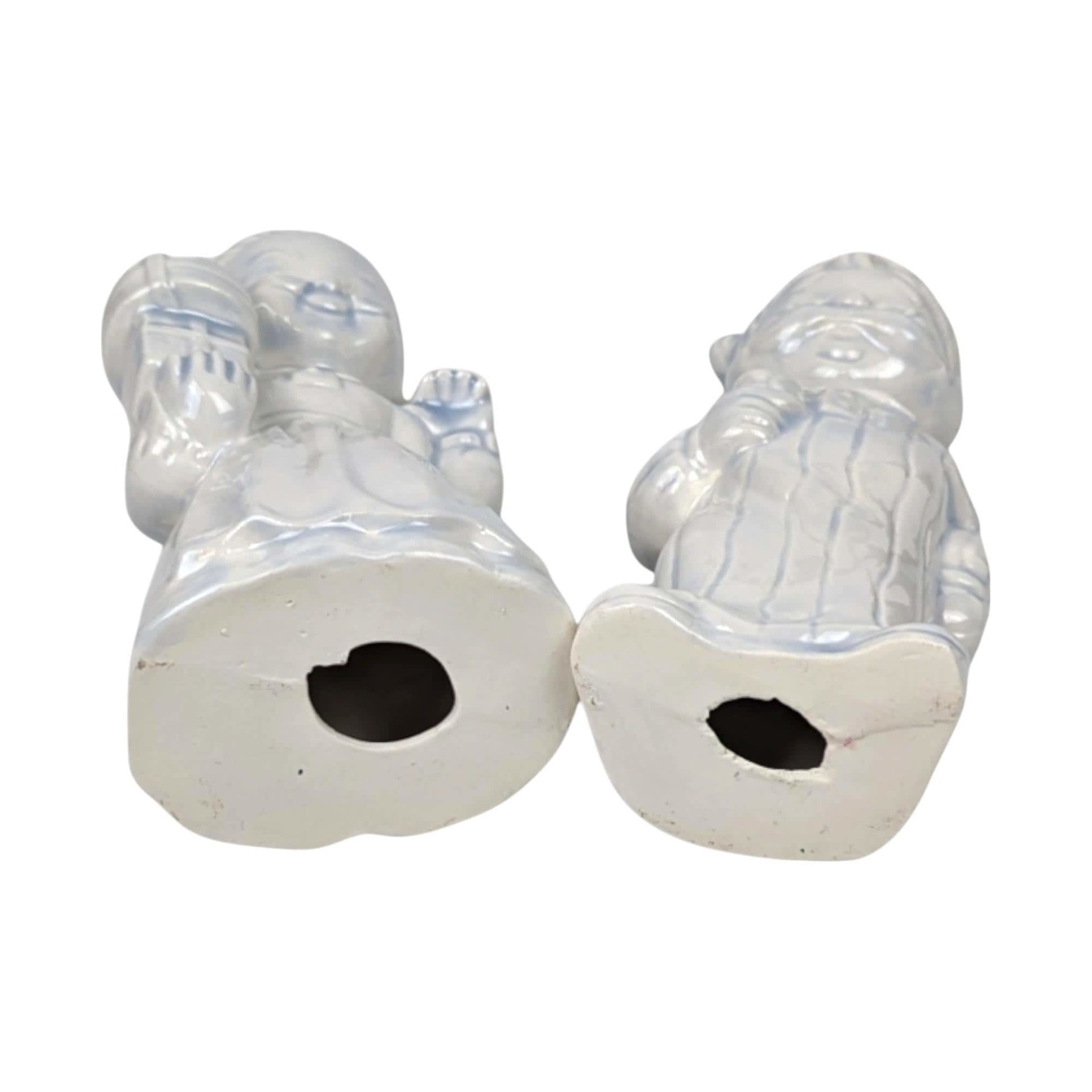 Pair of Vintage Ceramic Christmas Figurines, Man and Woman in Pajamas, Hand-Painted, Blue Tint, 7 Inches