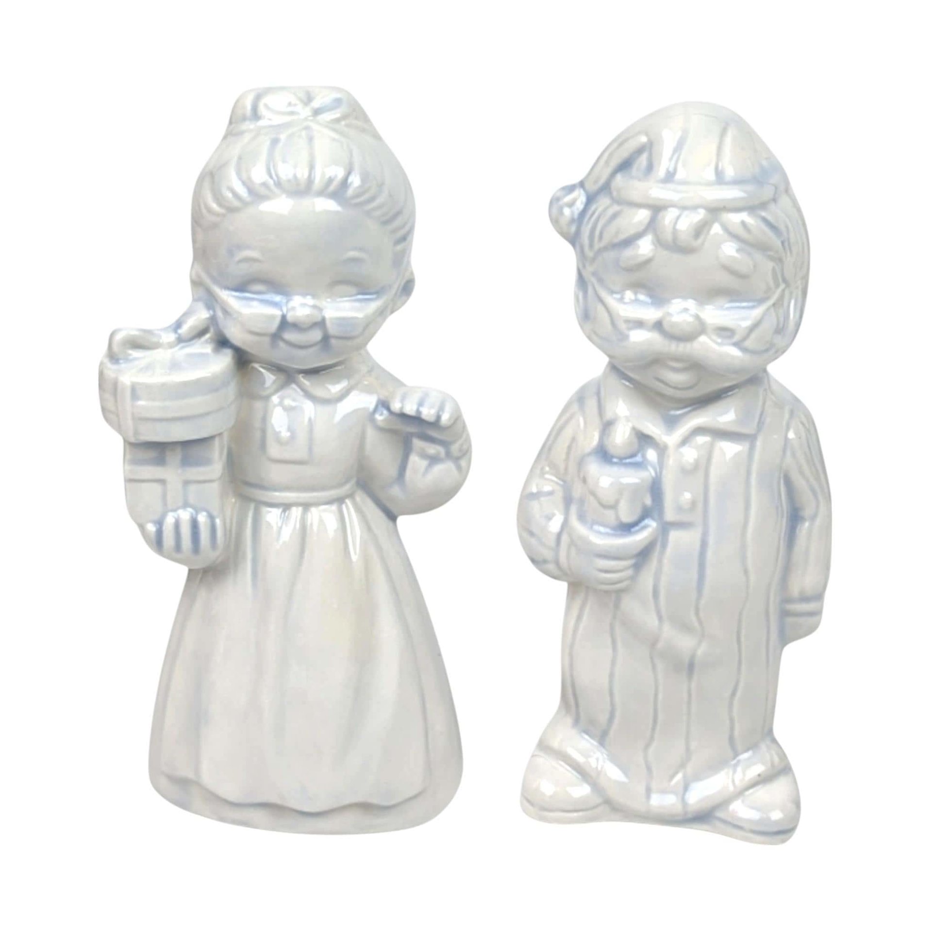 Pair of Vintage Ceramic Christmas Figurines, Man and Woman in Pajamas, Hand-Painted, Blue Tint, 7 Inches