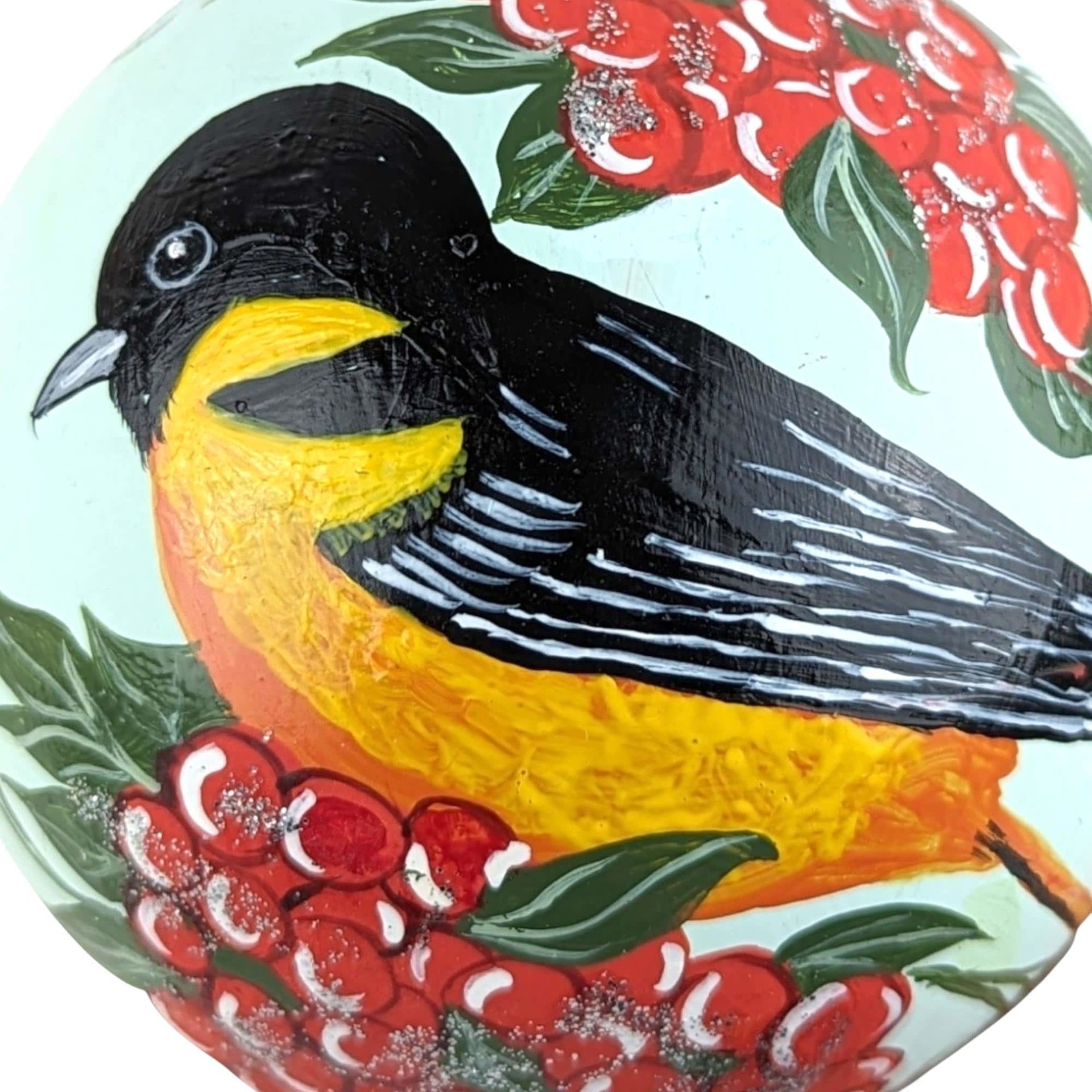 Vintage Hand Painted Glass Bird Ornament: Baltimore Oriole & Red Berries