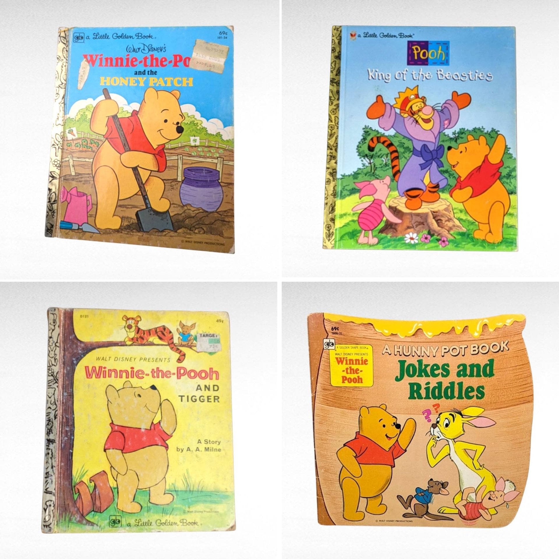 Vintage Winnie the Pooh Book Lot, Pooh King of the Beasties, Honey Patch, Jokes & Riddles, Tigger Golden Book, A.A. Milne, Children's Books