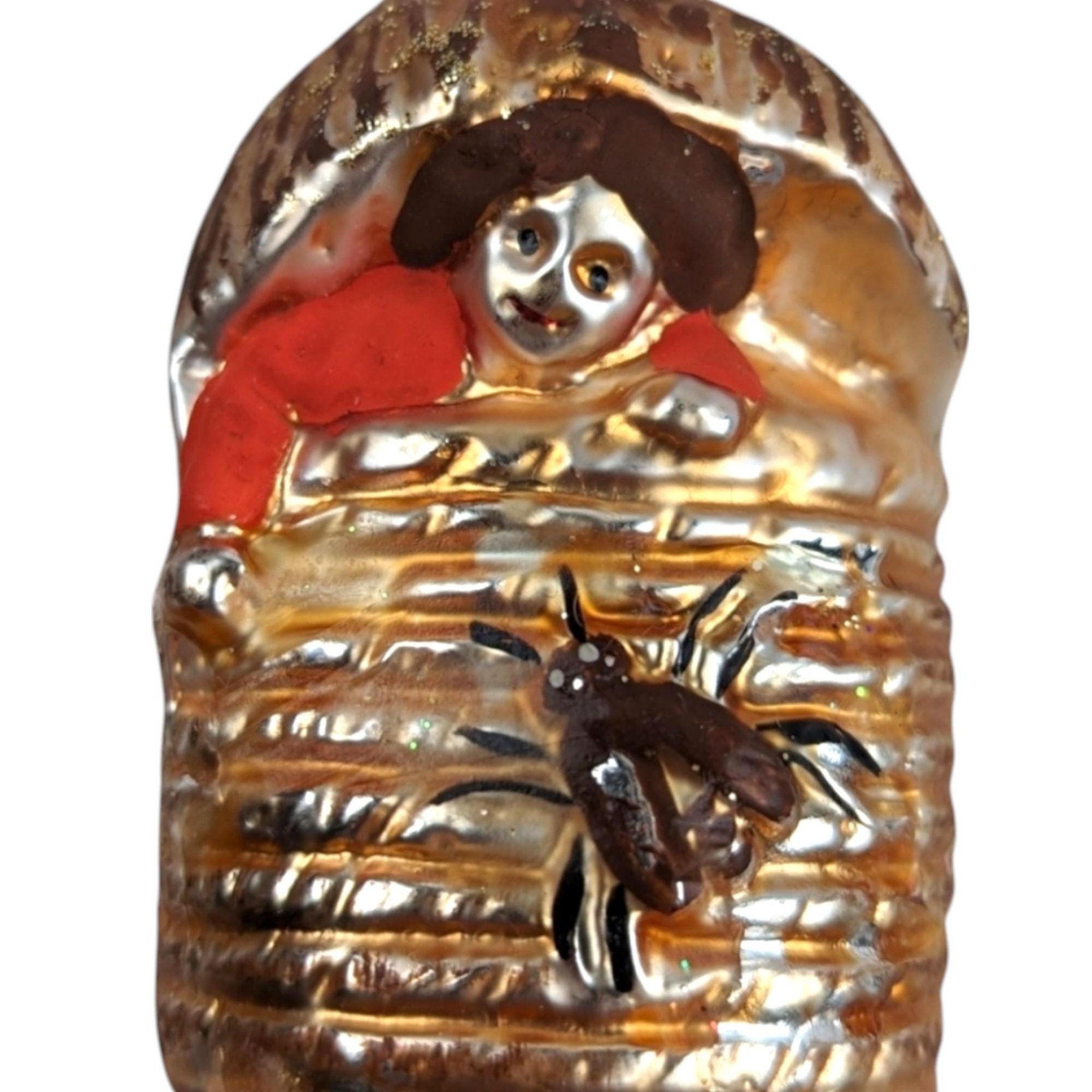 Vintage Blown Glass Christmas Ornament, Baby in Beehive, Unique Figural Ornament