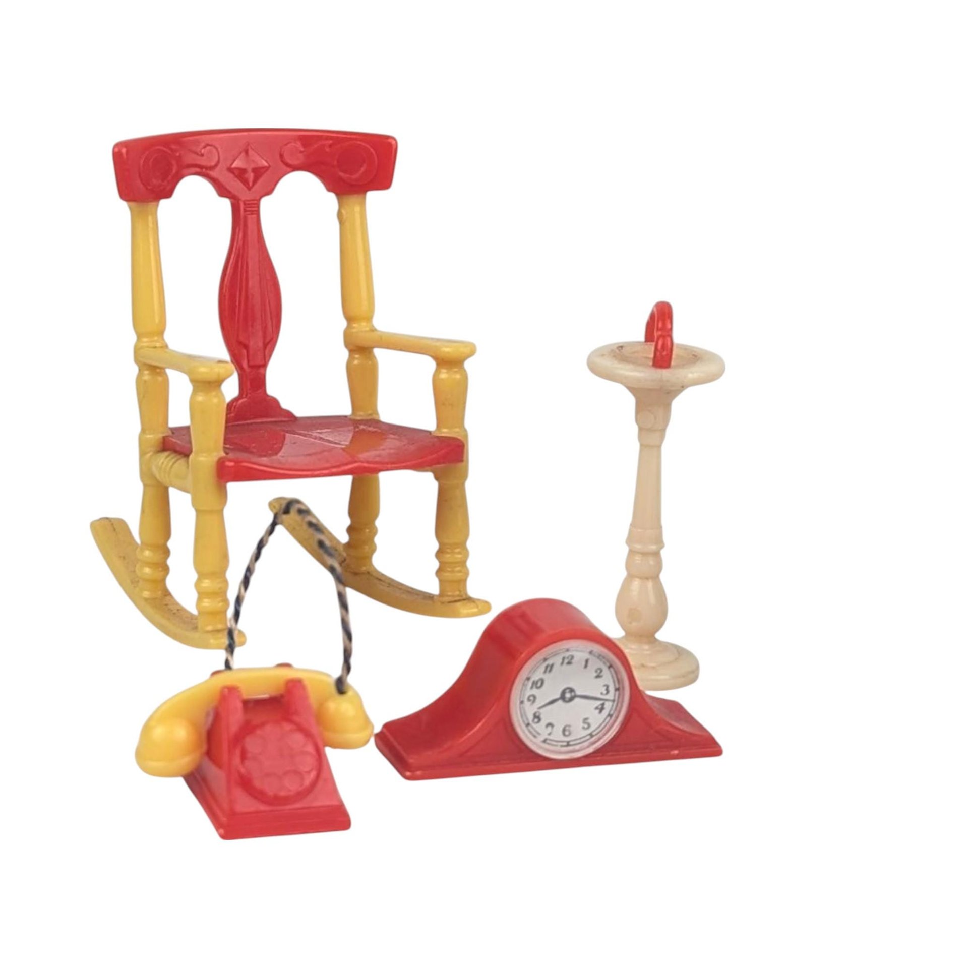 Vintage Dollhouse Accessory Lot, 9pc Renwal & Ideal, Rocking Chair Telephone Clocks, 1:16 Scale Miniature Furniture