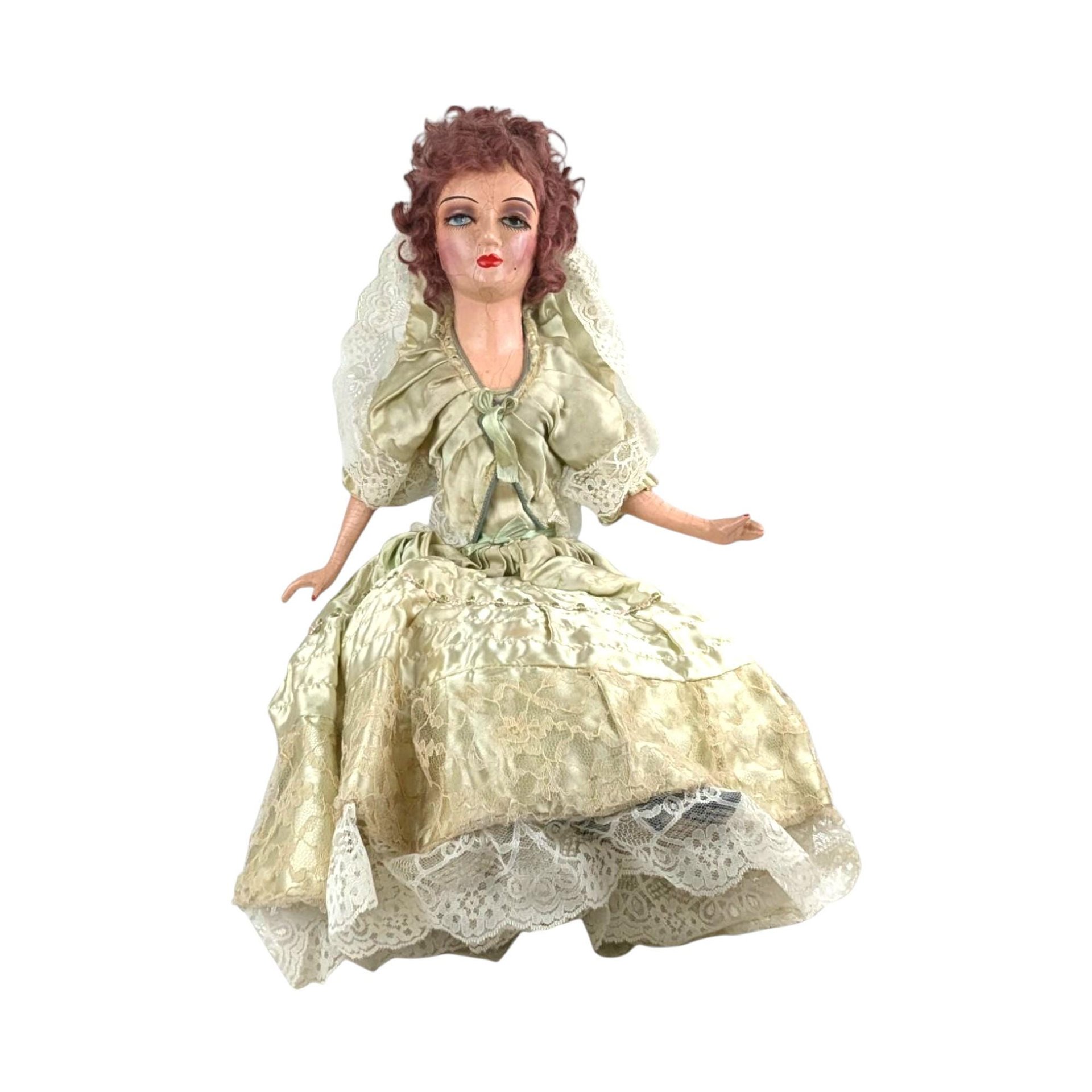 Antique Bed Doll - 27" Boudoir Doll in Light Green Dress - Vintage Doll with Character - Shabby Chic Decor - Collector's Item