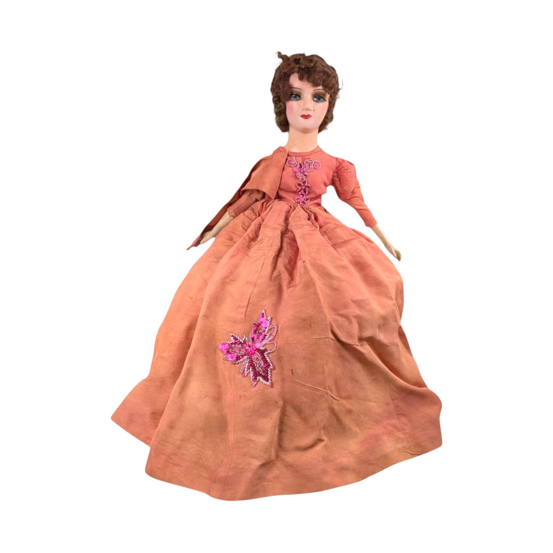 Antique Boudoir Bed Doll - 30" Tall with Orange Dress - Doll with Character - Shabby Chic Decor - Collector's Item
