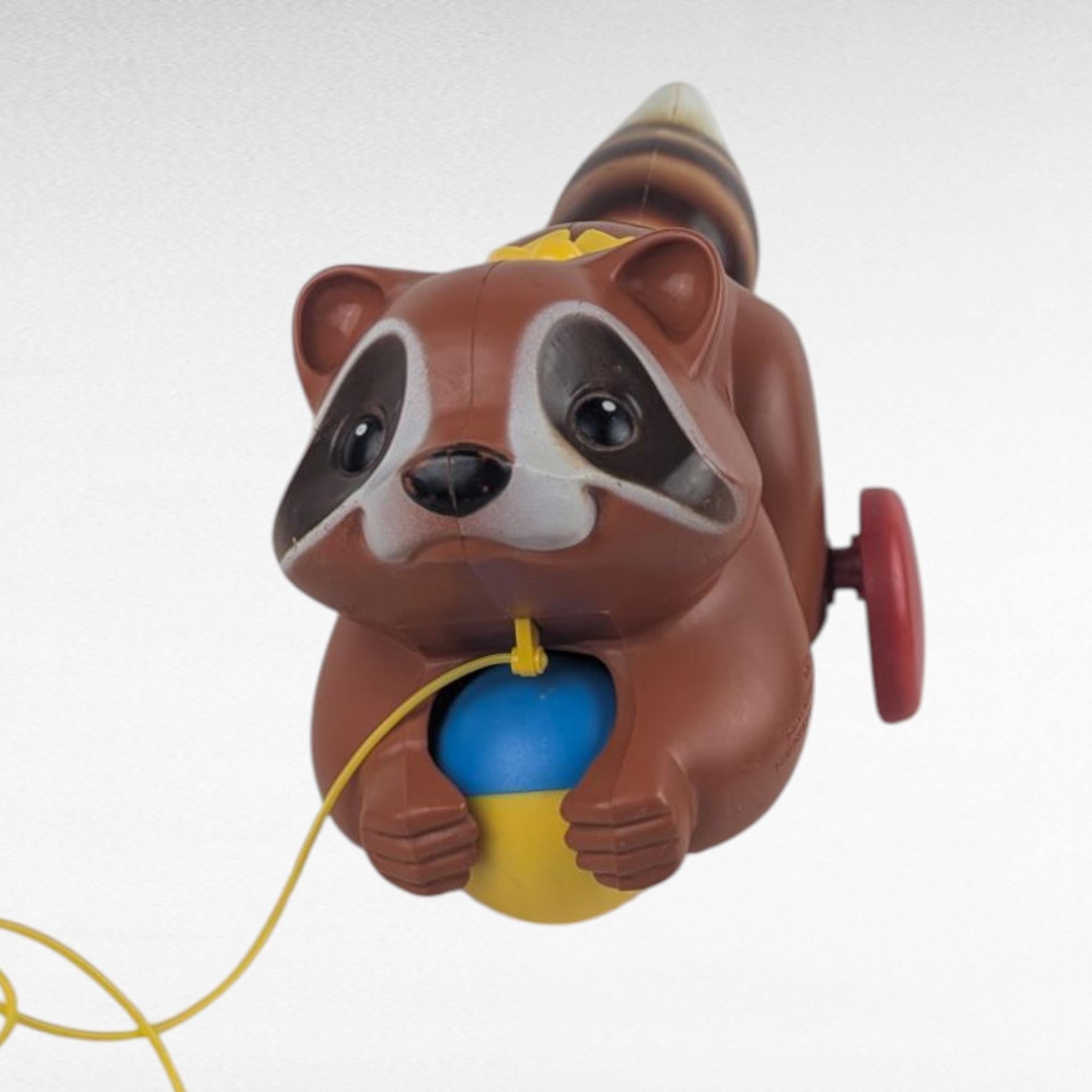 Vintage 1979 Fisher Price Roly Raccoon Pull Toy #172, Rolling Chime Ball Animal, Late 70s Toddler Toy, Woodland Nursery Decor
