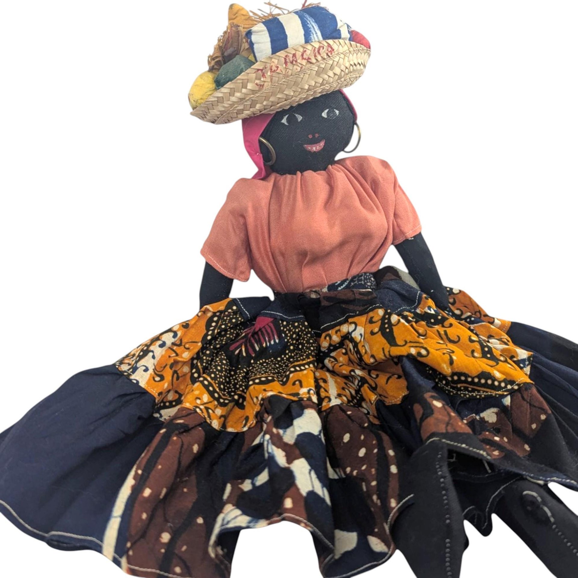 Vintage 17" Jamaican Folk Art Doll with Handcrafted Fabric Dress, Straw Hat, Collectible Caribbean Souvenir, Gift for Doll Collectors