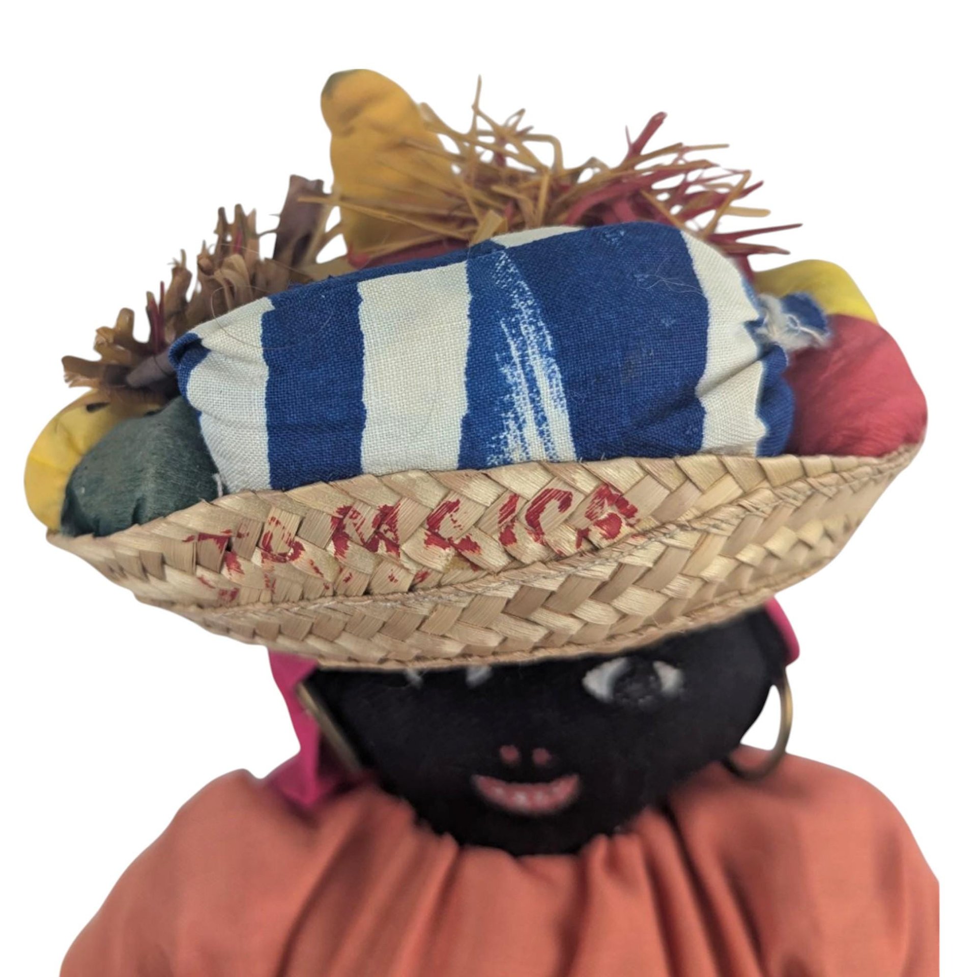 Vintage 17" Jamaican Folk Art Doll with Handcrafted Fabric Dress, Straw Hat, Collectible Caribbean Souvenir, Gift for Doll Collectors