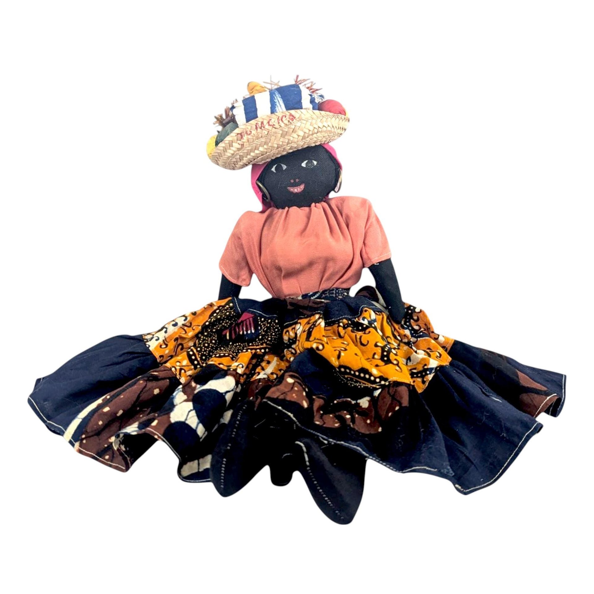 Vintage 17" Jamaican Folk Art Doll with Handcrafted Fabric Dress, Straw Hat, Collectible Caribbean Souvenir, Gift for Doll Collectors