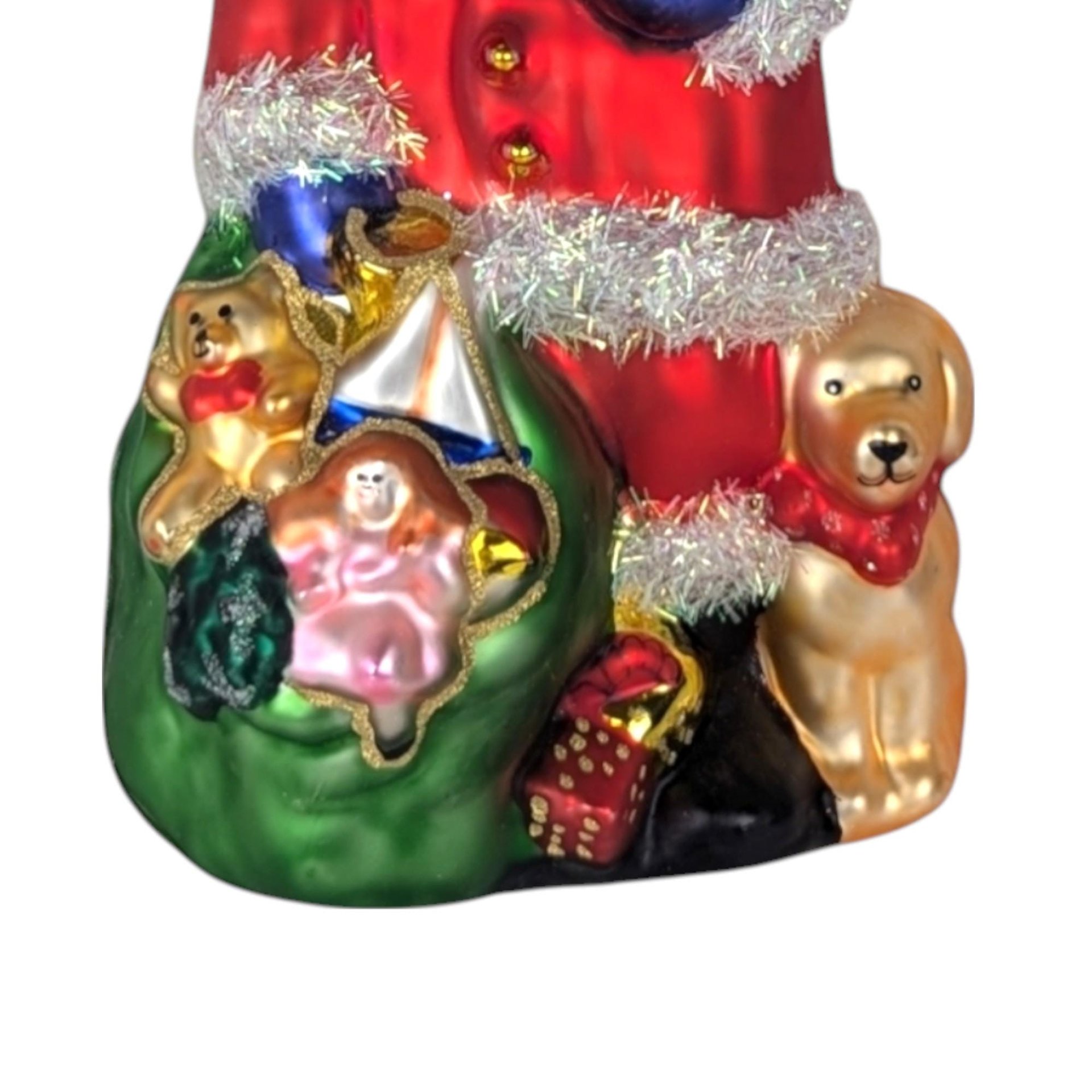 Vintage Large Glass Santa Ornament, Christmas Tree Ornament, Santa with Toys and Puppy, Holiday Decor, Figural Ornament