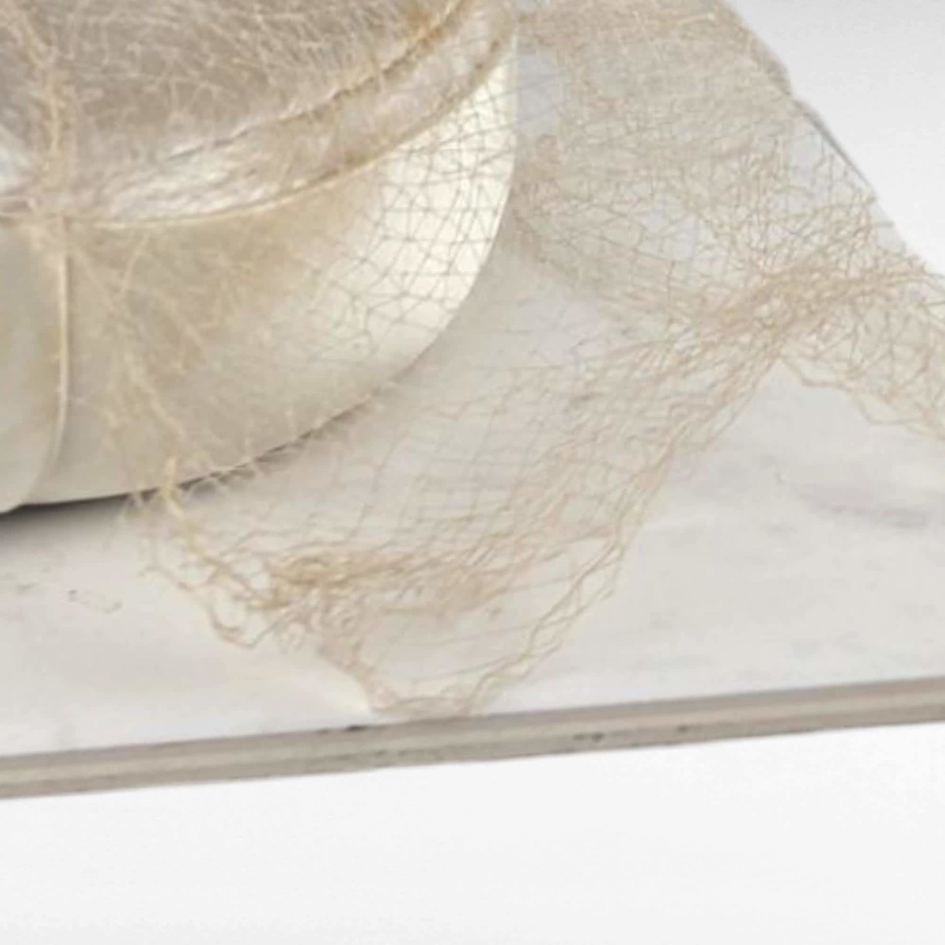 Vintage 1960s Martha Jean Bridal Pillbox Hat with Birdcage Veil, Ivory Satin Cocktail Hat for Display or Restoration