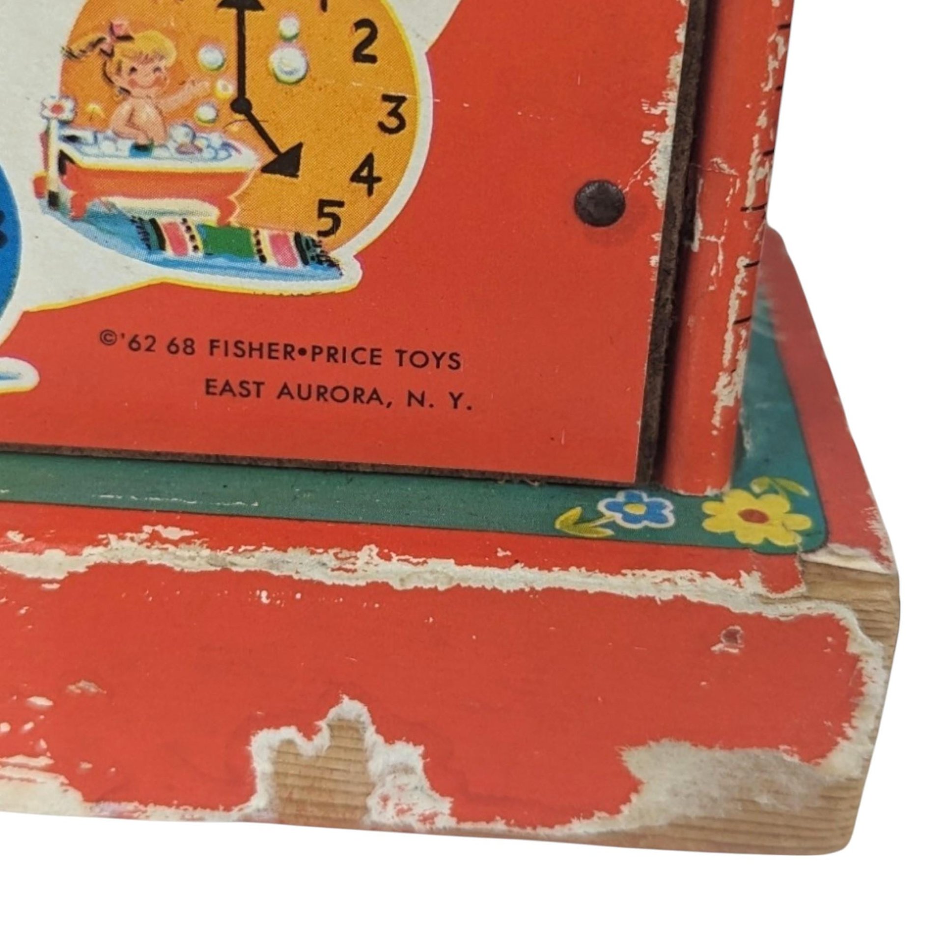 Vintage Fisher Price Toy Lot: Music Box Clock, Suzy Seal Pull Toy, Cloth Book, Xylophone Drum - Retro Toys, Collectible Toys