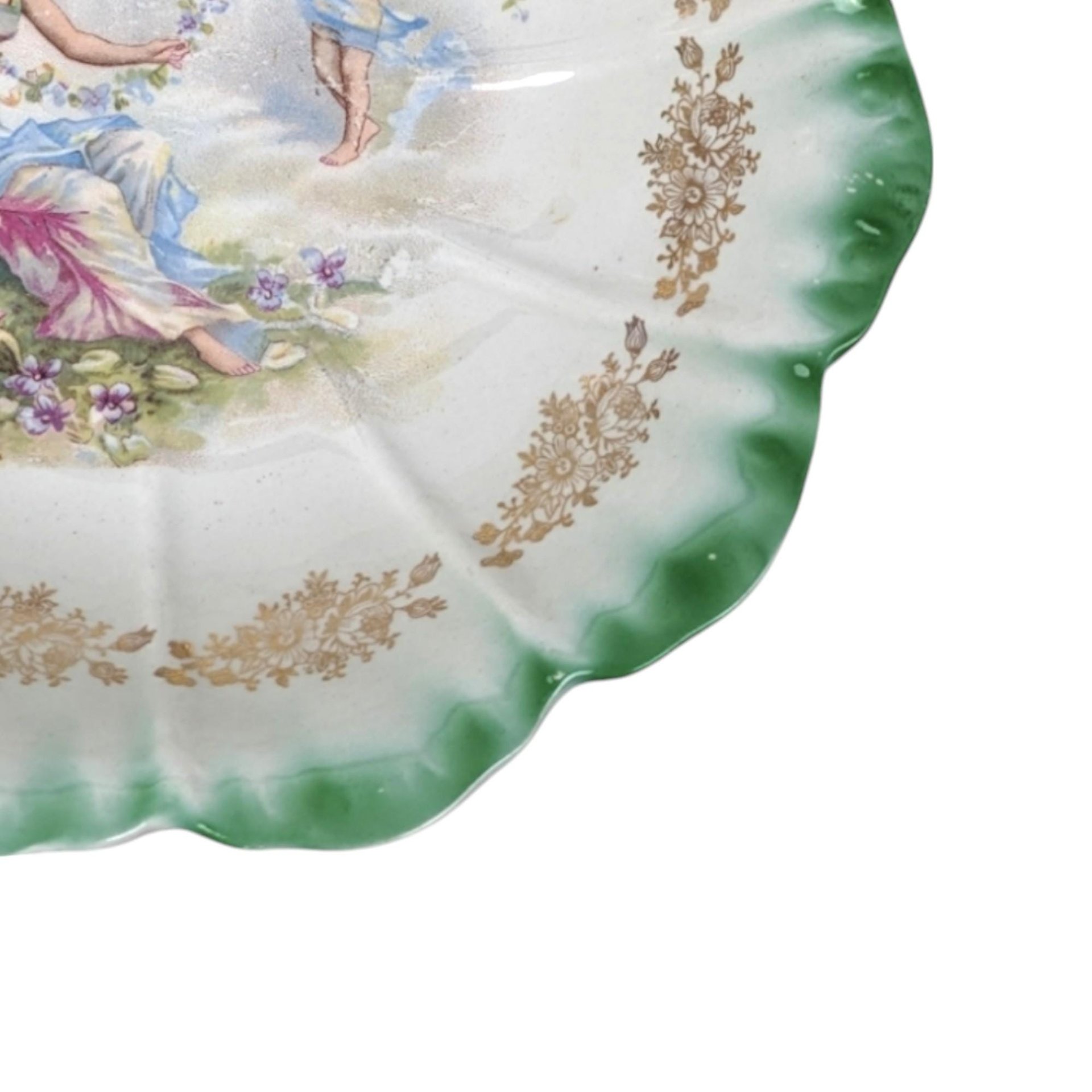 Vintage Dresden (Laurel Leaf Mark) Porcelain Bowl, Woman with Angel Motif, Green & Gold Trim, 9.25 Inches