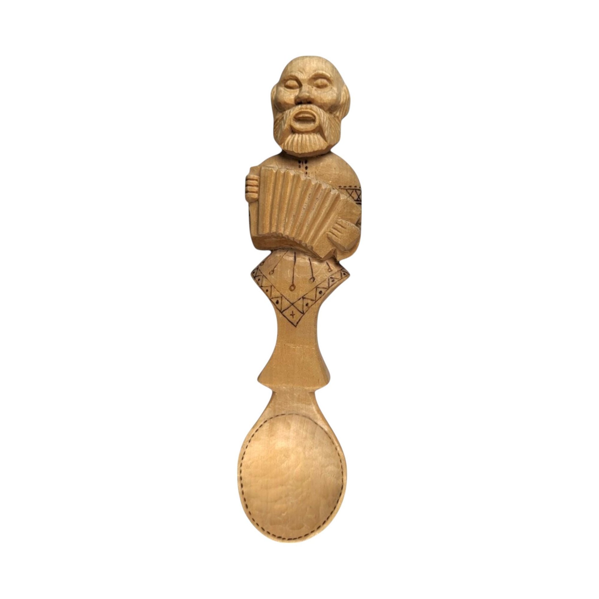 1999 Koctpoma Hand Carved Wooden Spoon, Russian Folk Art, Musician Spoon, Accordion Player, Collectible Spoon, Kitchen Decor