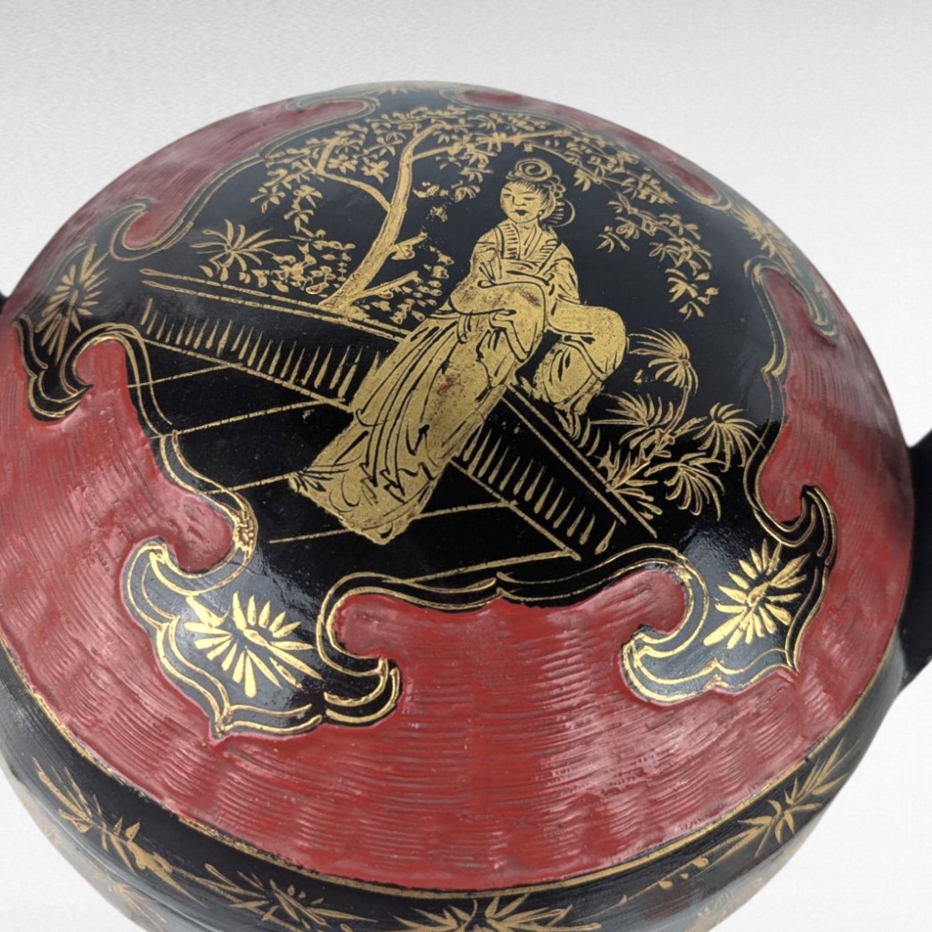 Vintage Chinese Wedding Basket, Hand Painted Red Black Gold Bamboo, Peranakan Bakul Sia Dowry Basket, Asian Home Decor