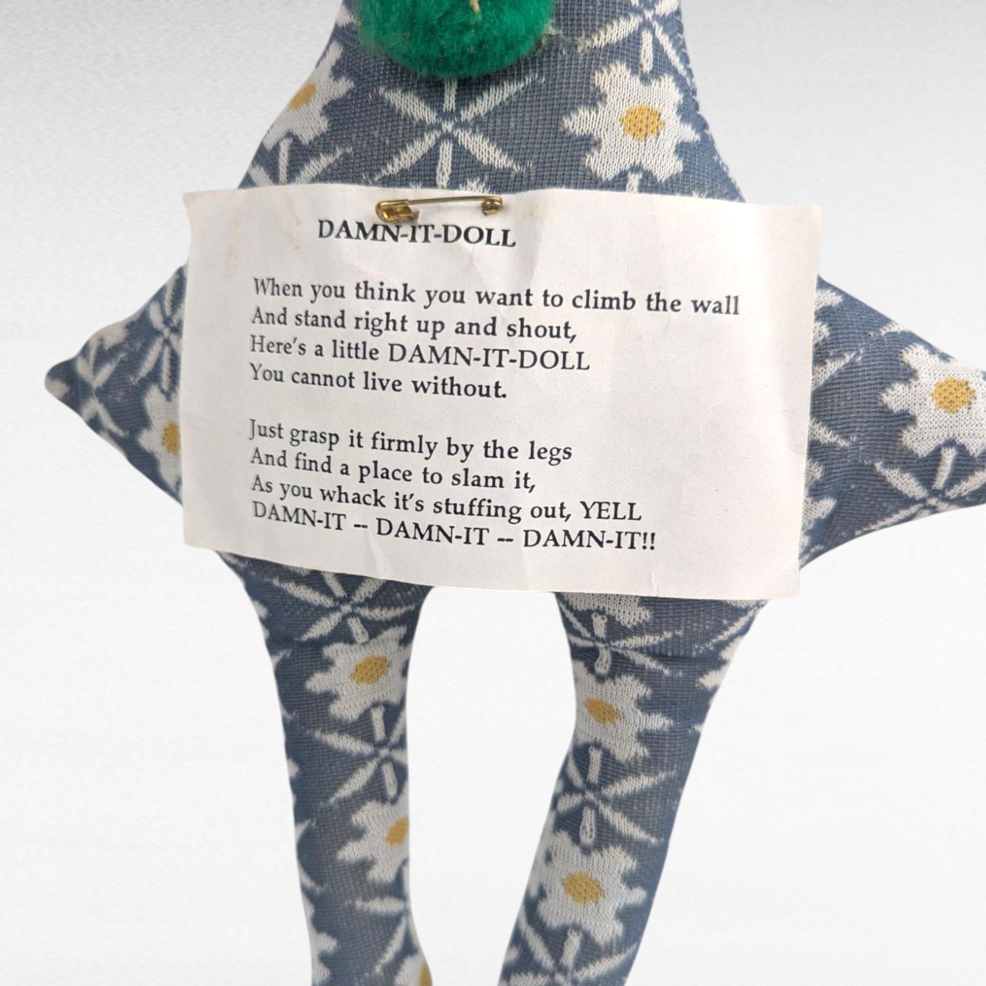 Vintage Handmade Damn It Doll, Funny Gag Gift for Stress Relief, Novelty Fabric Voodoo Doll with Poem, Office Humor White Elephant Gift