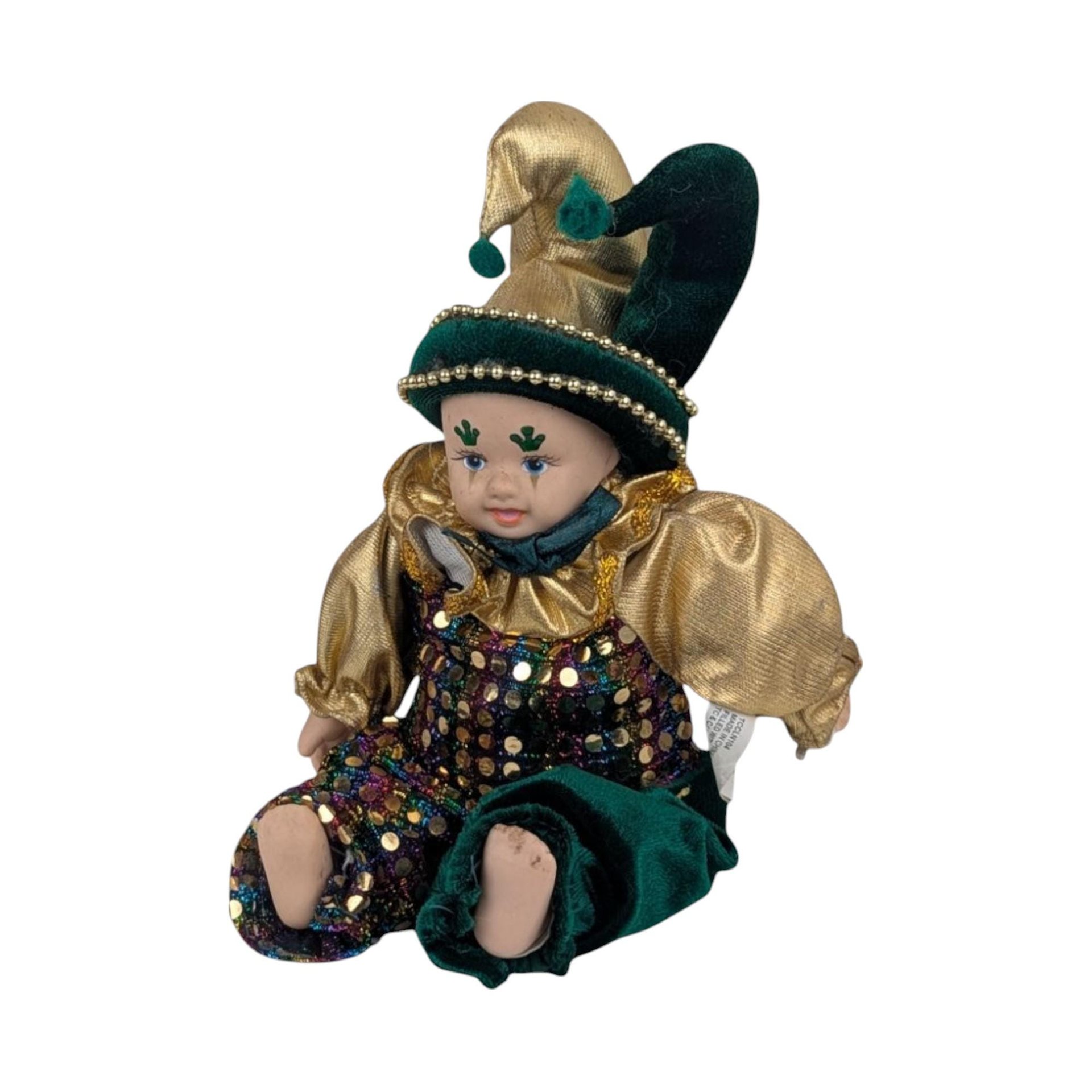 Vintage Little Irish Jester Doll, Porcelain Head Hands Feet, 9.25 Inch Height, Collectible Irish Decor, Whimsical Shelf Display