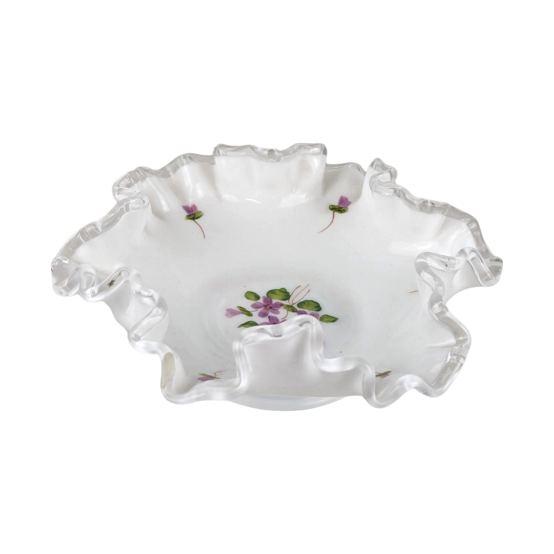 Vintage Fenton Violets in the Snow Milk Glass Dish | Ruffled Candy Dish | Trinket Dish | Collectible Glassware