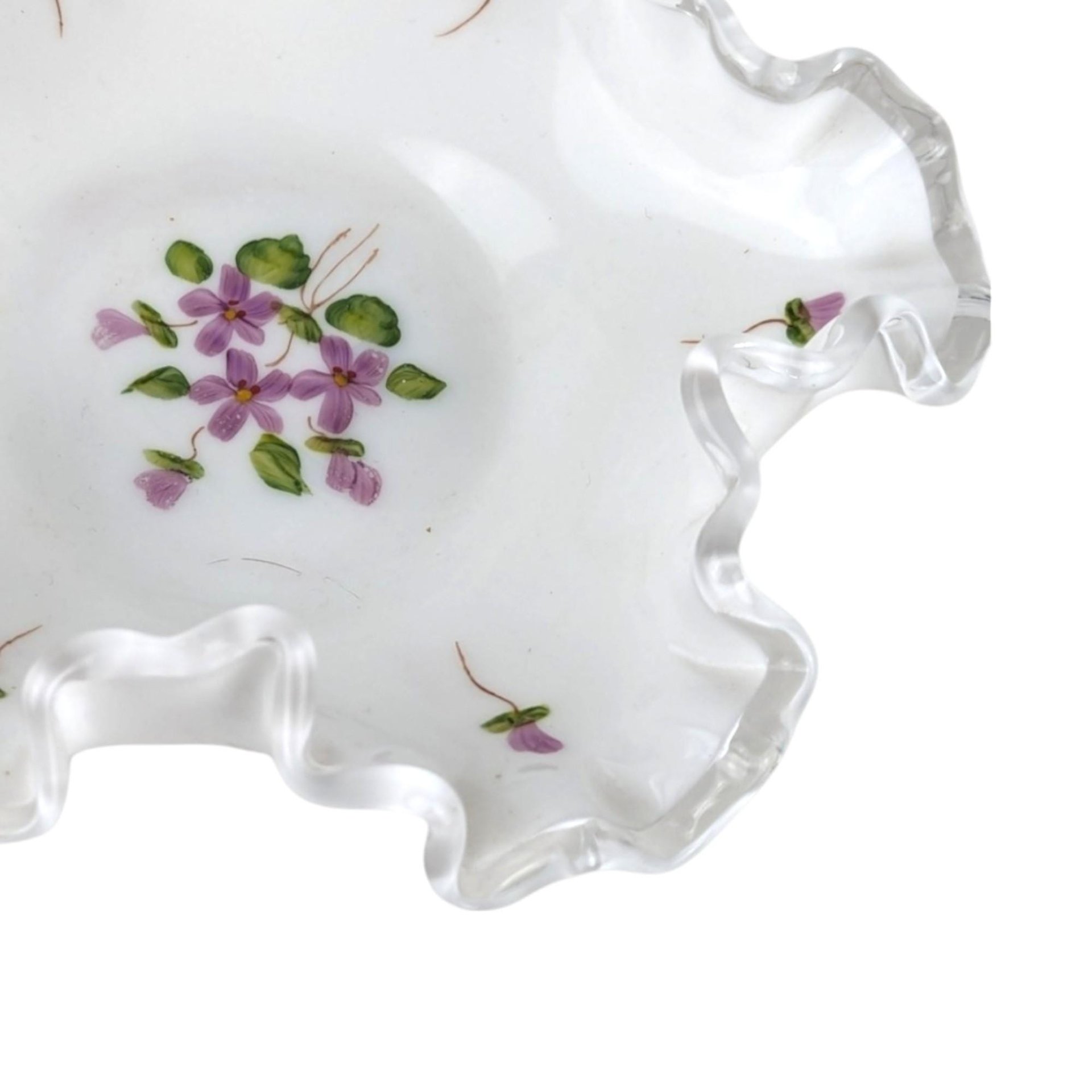 Vintage Fenton Violets in the Snow Milk Glass Dish | Ruffled Candy Dish | Trinket Dish | Collectible Glassware