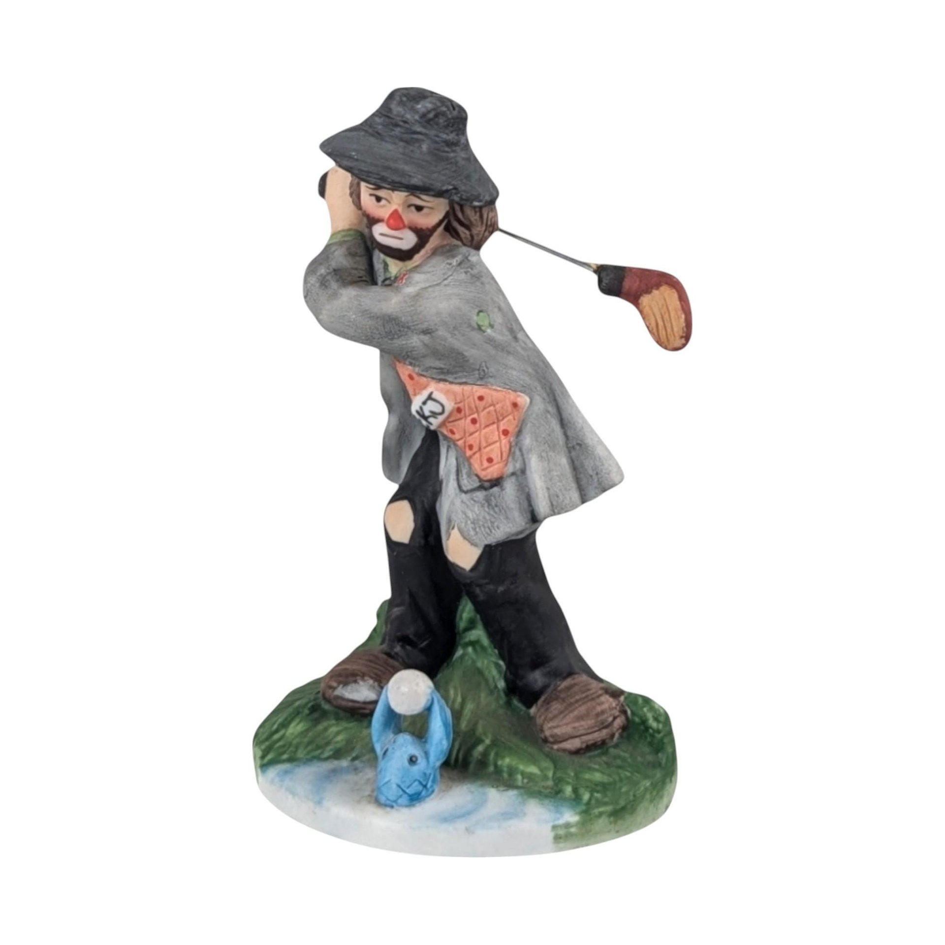 Vintage Flambro Emmett Kelly Jr. Hobo Clown Golf Figurine, Swinging Golf Club, Collectible Clown, Gift for Golfer, 5 Inches, Circus Theme