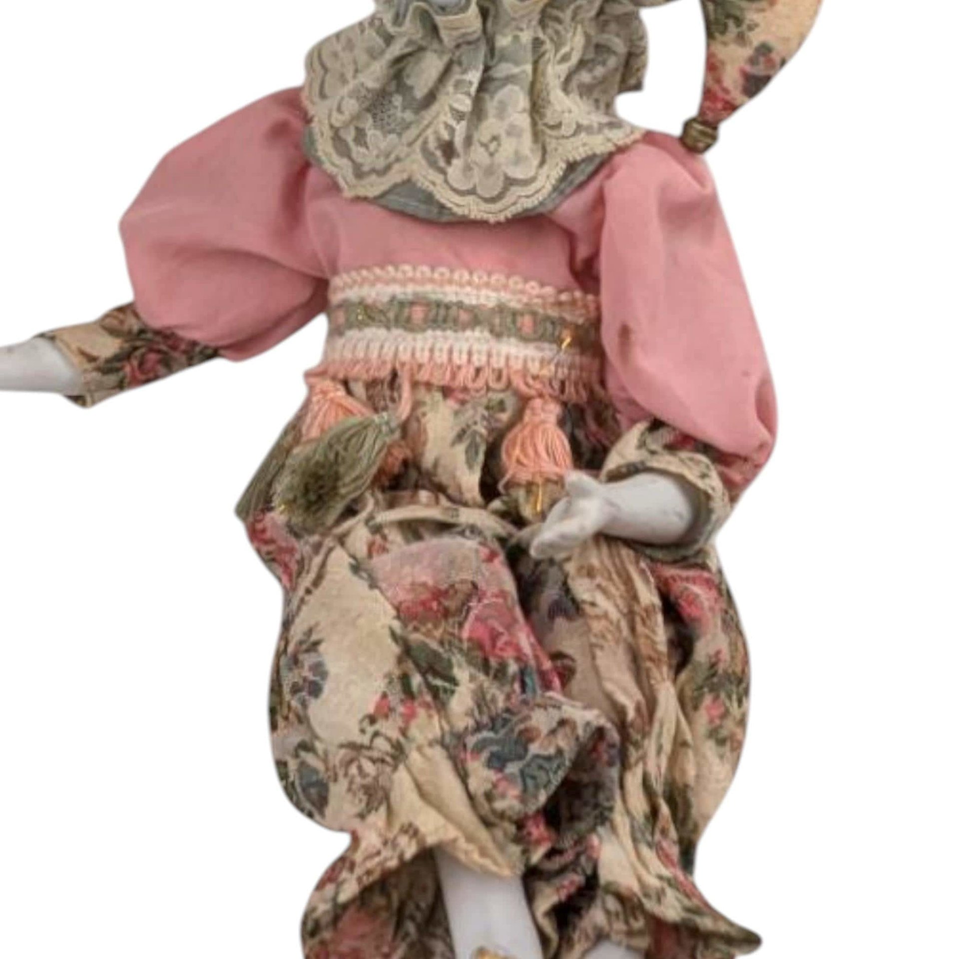 Vintage Harlequin Musical Doll, Porcelain, Floral Costume, 15.5 Inches, Collectible Doll, Working Music Box