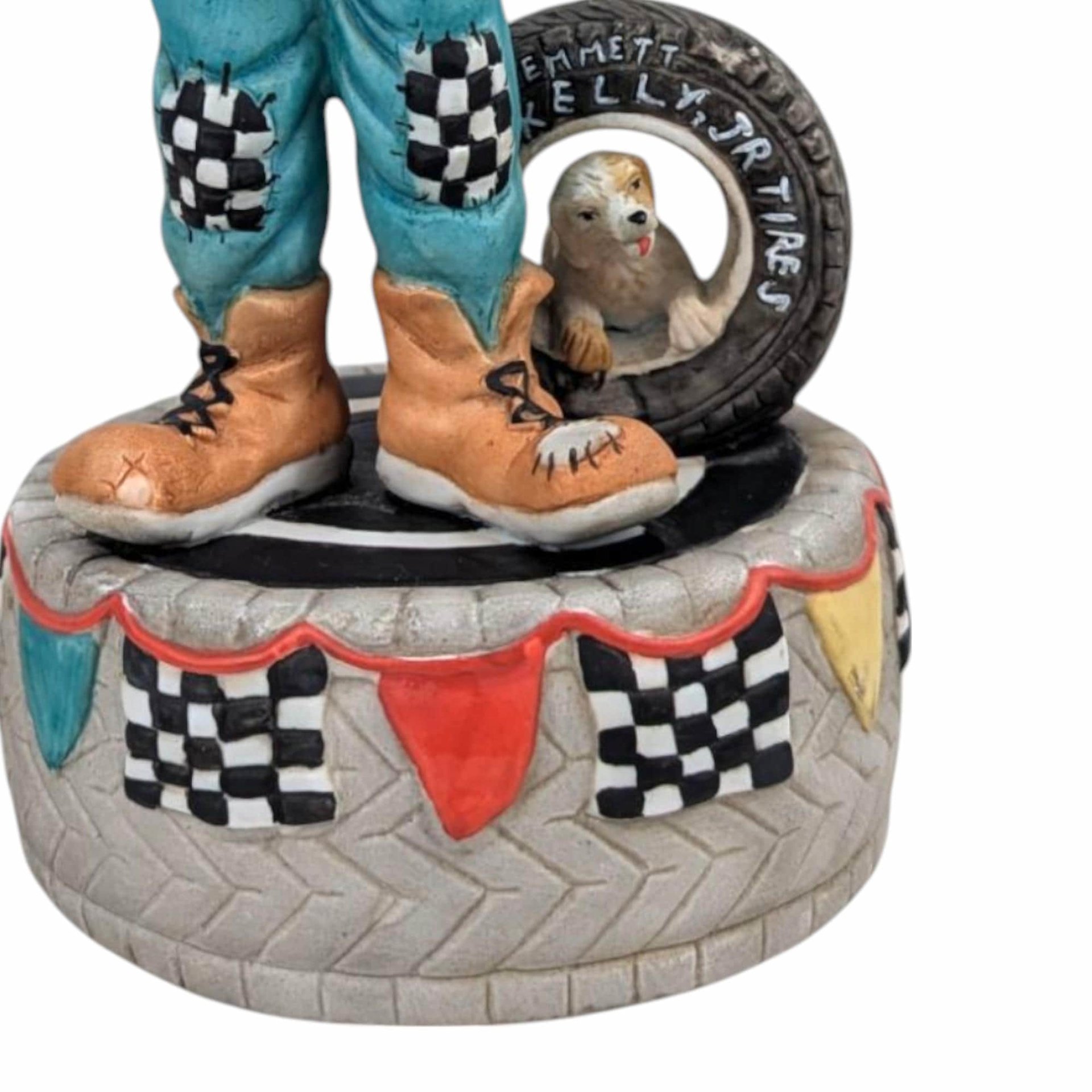 Flambro Emmett Kelley "With a Little Bit of Luck" Music Box, Clown Figurine, Racing Theme, 7 Inches, Collectible Music Box, Working Music