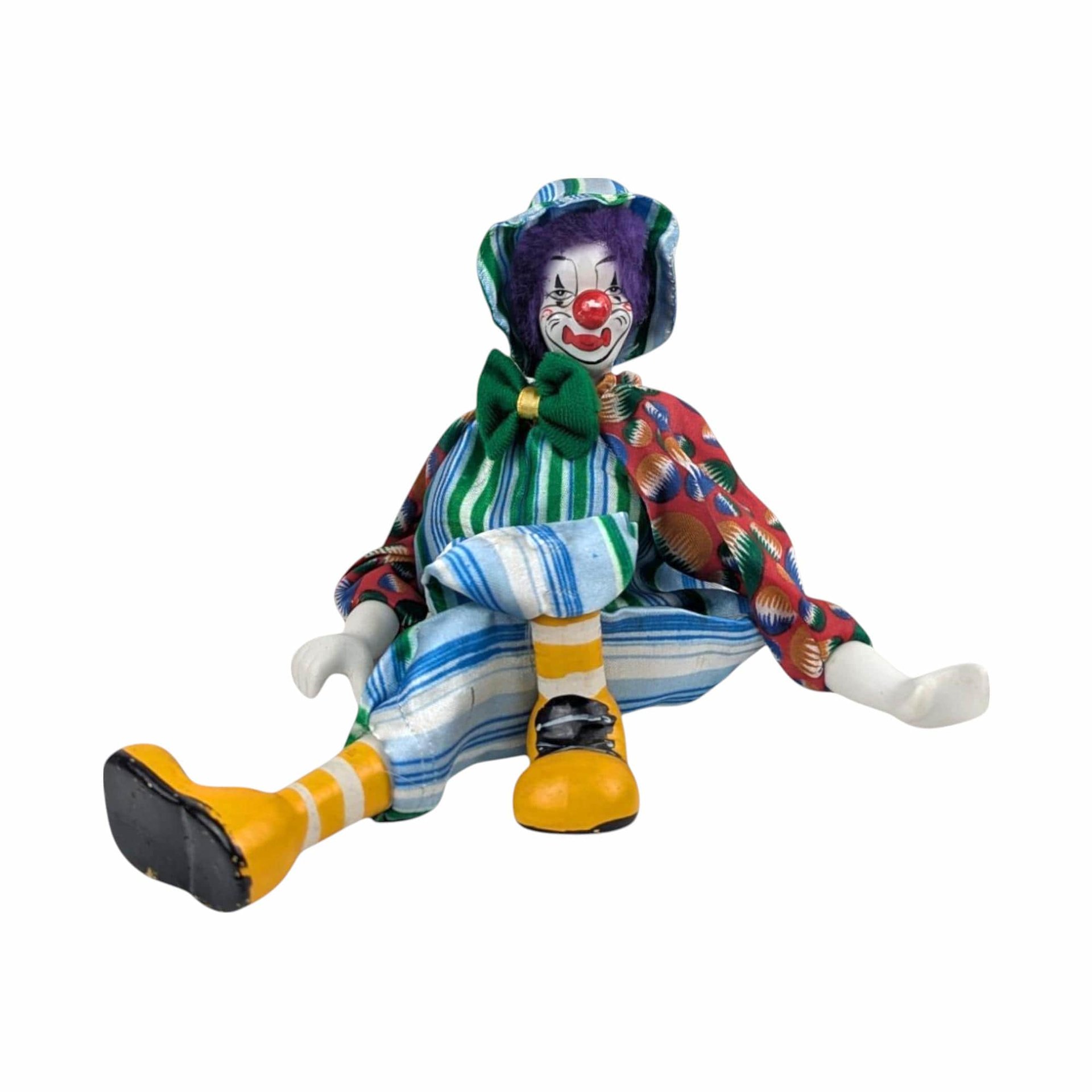Vintage Ganz Shelf Sitter Clown, Porcelain, Fabric Costume, 14 Inches, Collectible Clown Doll, Display Doll