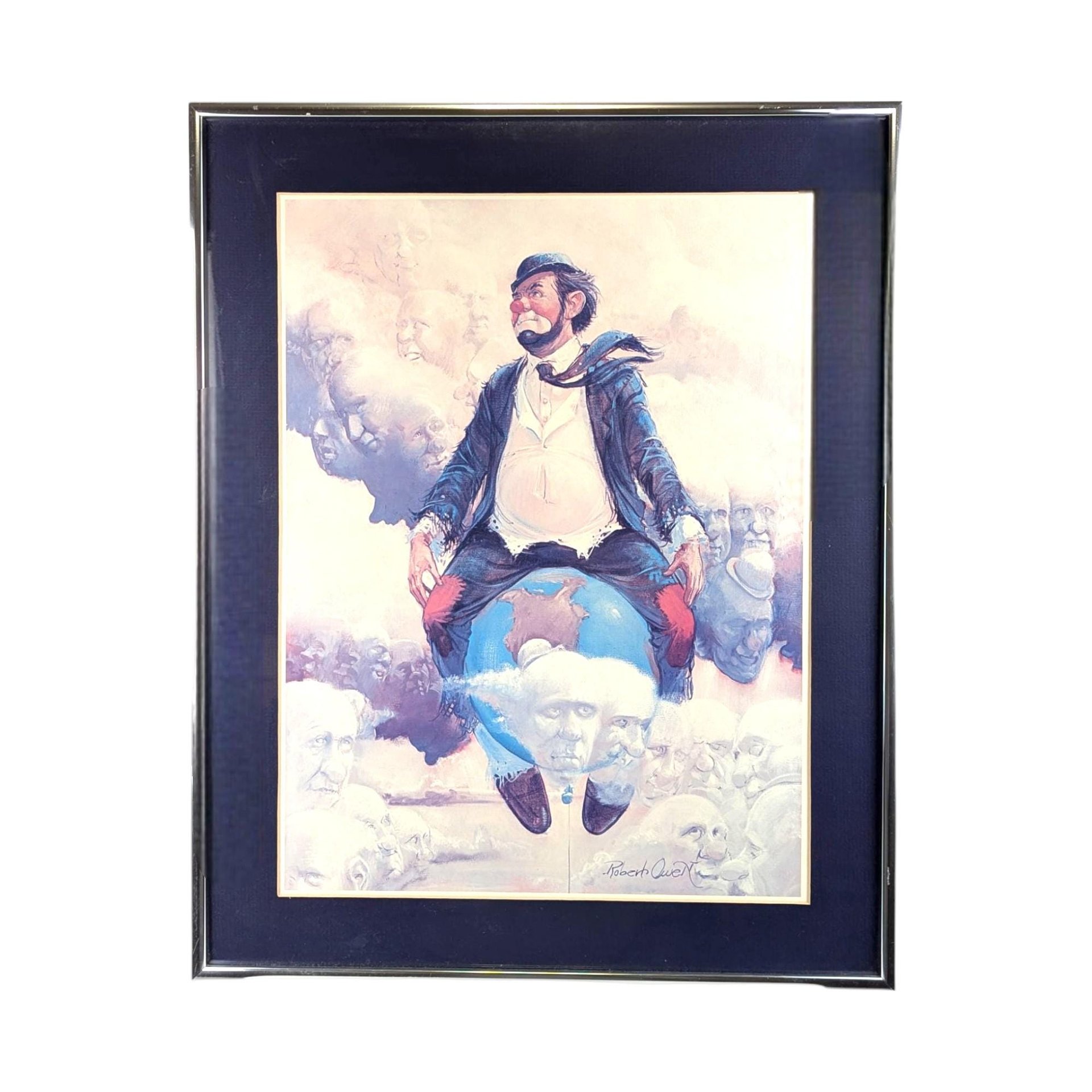 Vintage Robert Owen Clown Print, "Top of the World" Art, Whimsical Wall Decor, Gift for Art Collectors, Framed Clown Artwork