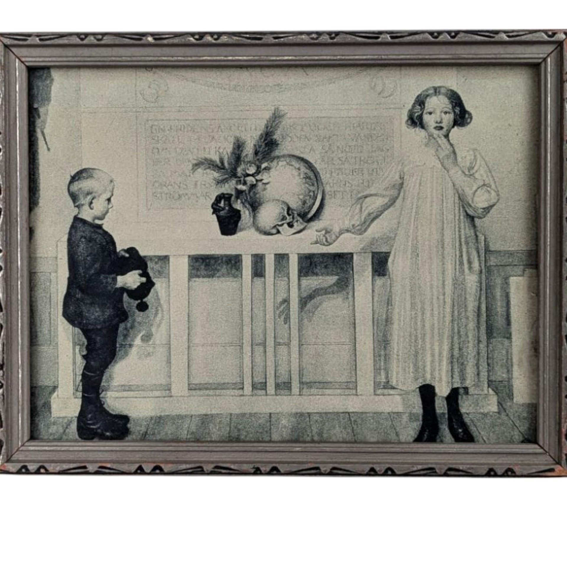 Vintage Swedish Mourning Print, Framed Art, Children, Symbolic Art, Antique Decor, Small Wall Art, Unique Gift, Historical Print