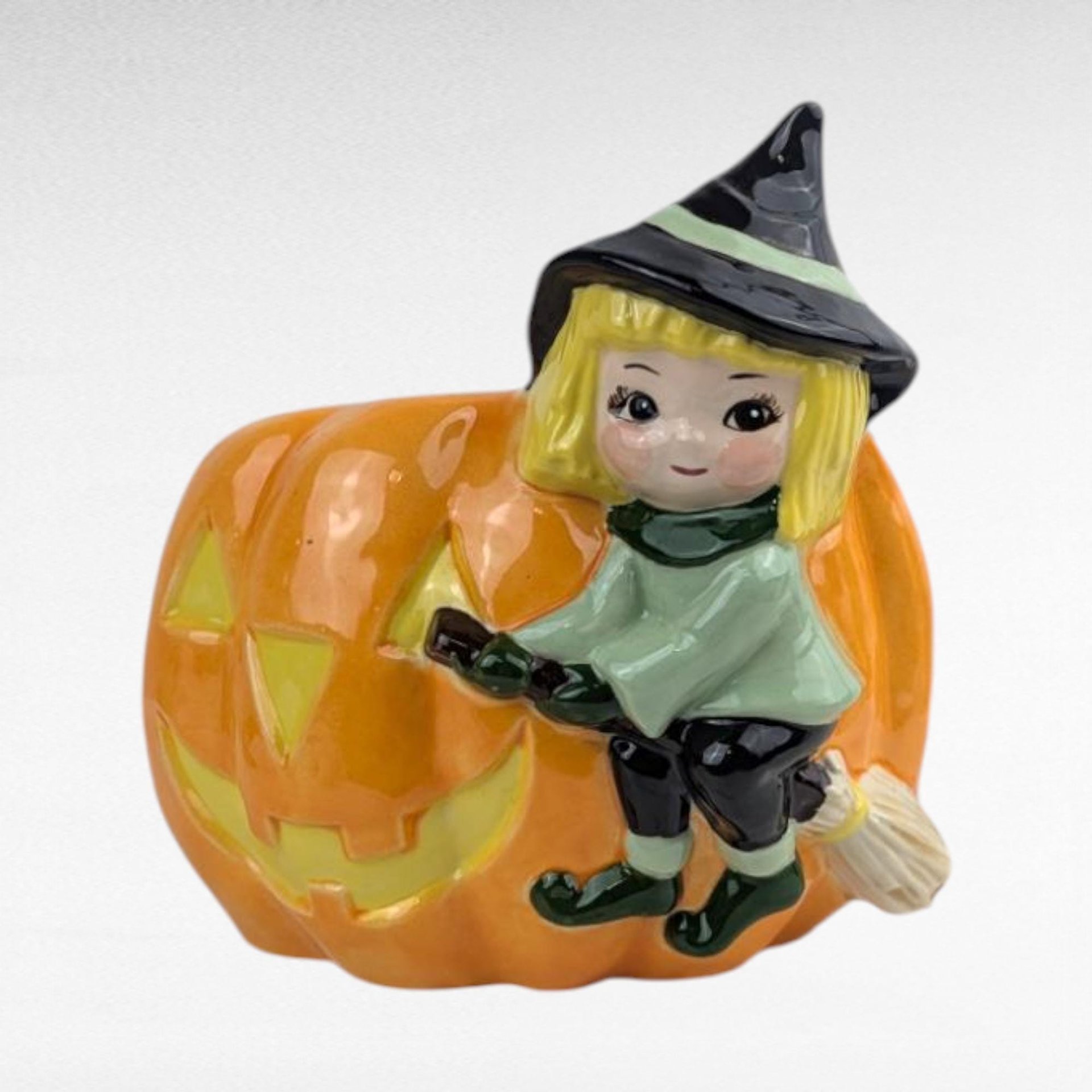 Vintage Ceramic Witch Planter, Cute Blonde Witch on Pumpkin Jack-o-Lantern, Mid Century Style Halloween Figurine, Spooky Cute Candy Dish