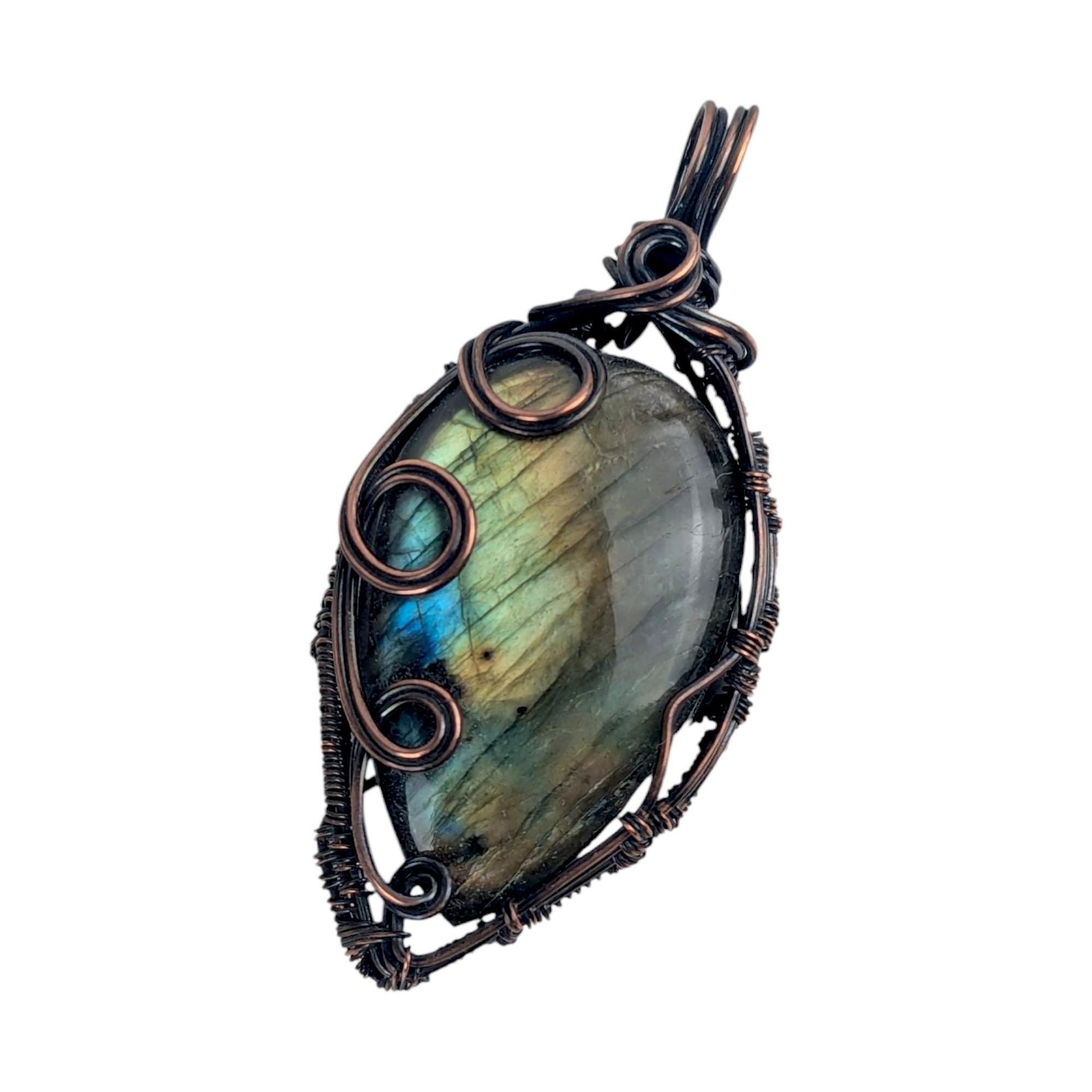 Handmade Labradorite Pendant | Copper Wire Wrapped | Green, Blue & Yellow Hues | 2.5" | Unique Gift