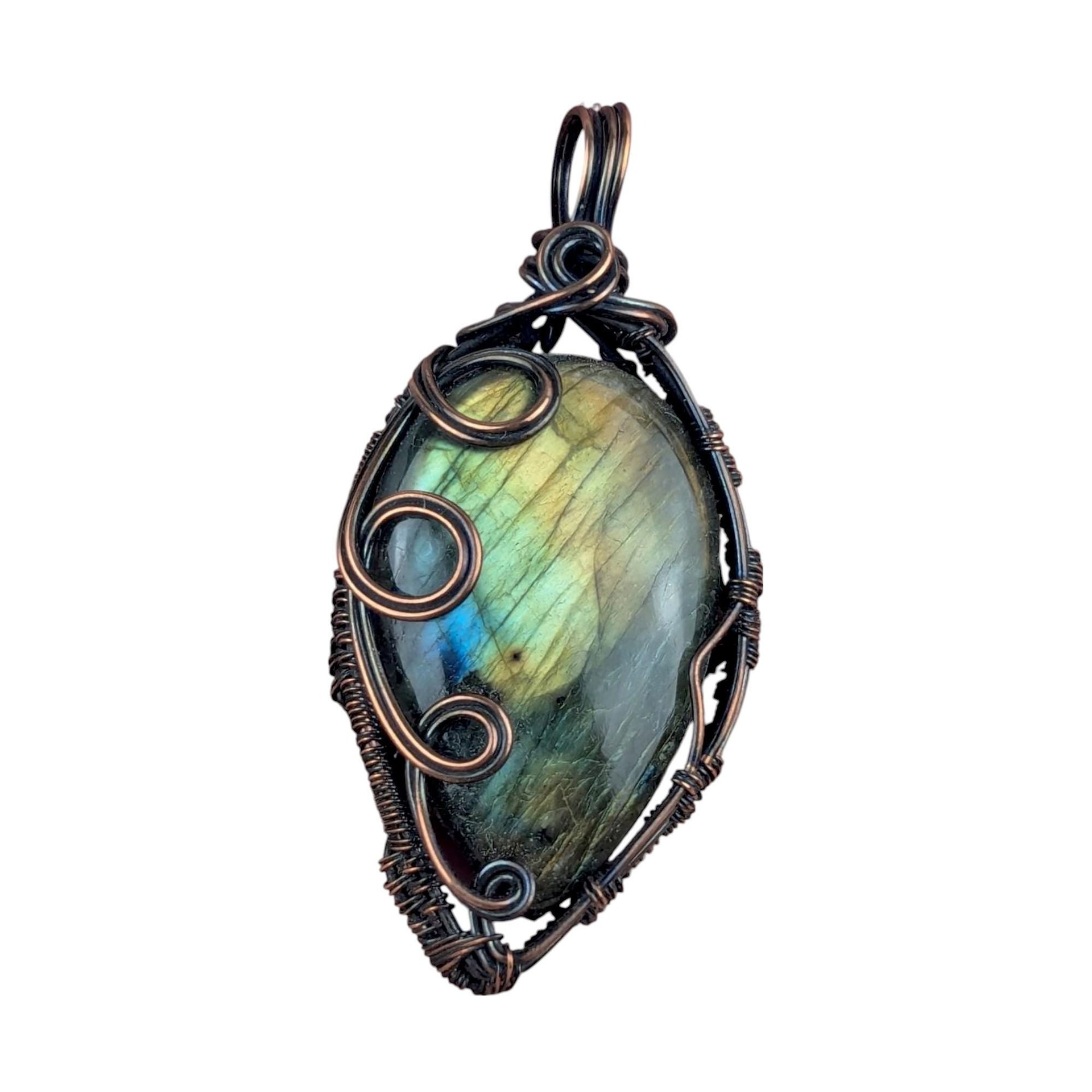 Handmade Labradorite Pendant | Copper Wire Wrapped | Green, Blue & Yellow Hues | 2.5" | Unique Gift