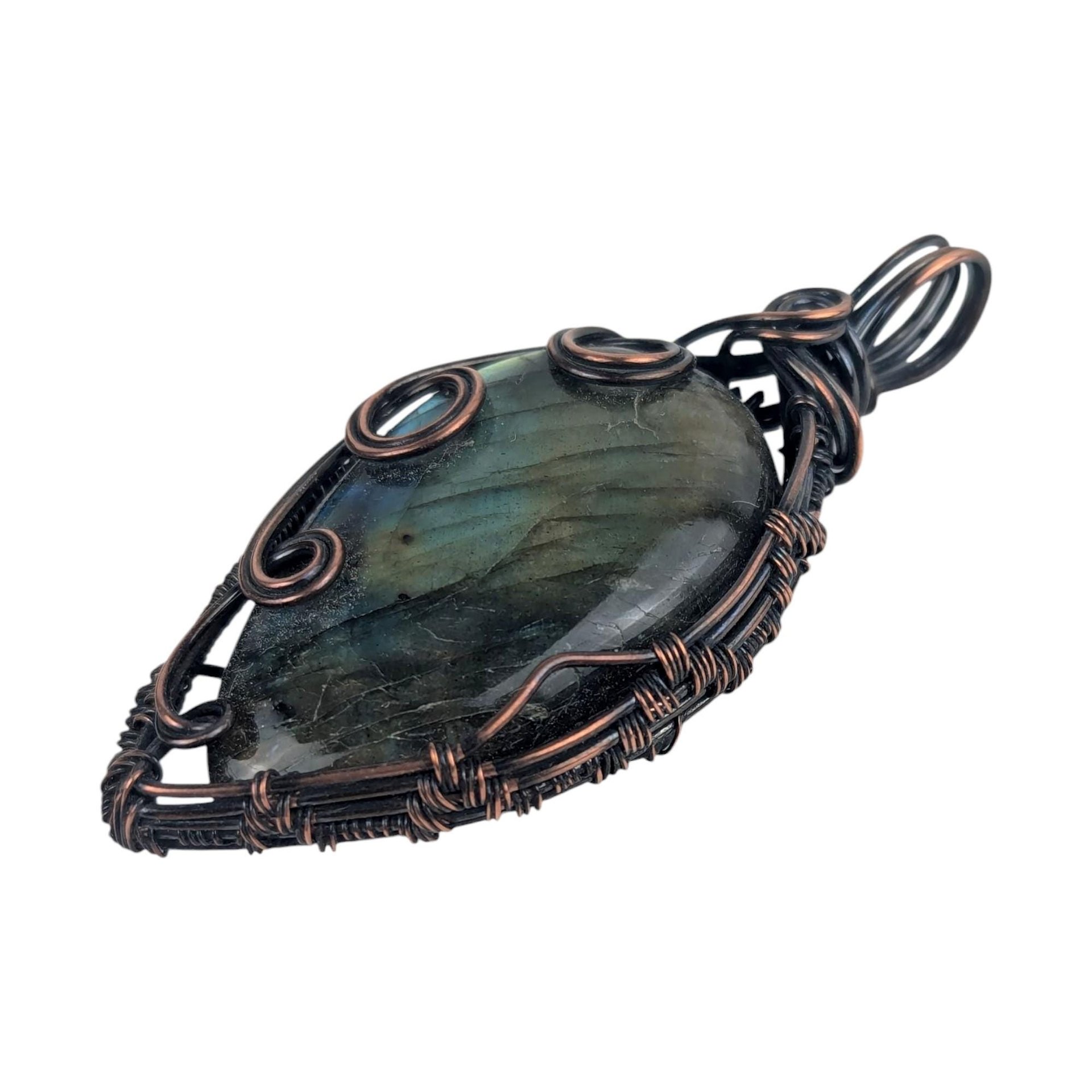 Handmade Labradorite Pendant | Copper Wire Wrapped | Green, Blue & Yellow Hues | 2.5" | Unique Gift