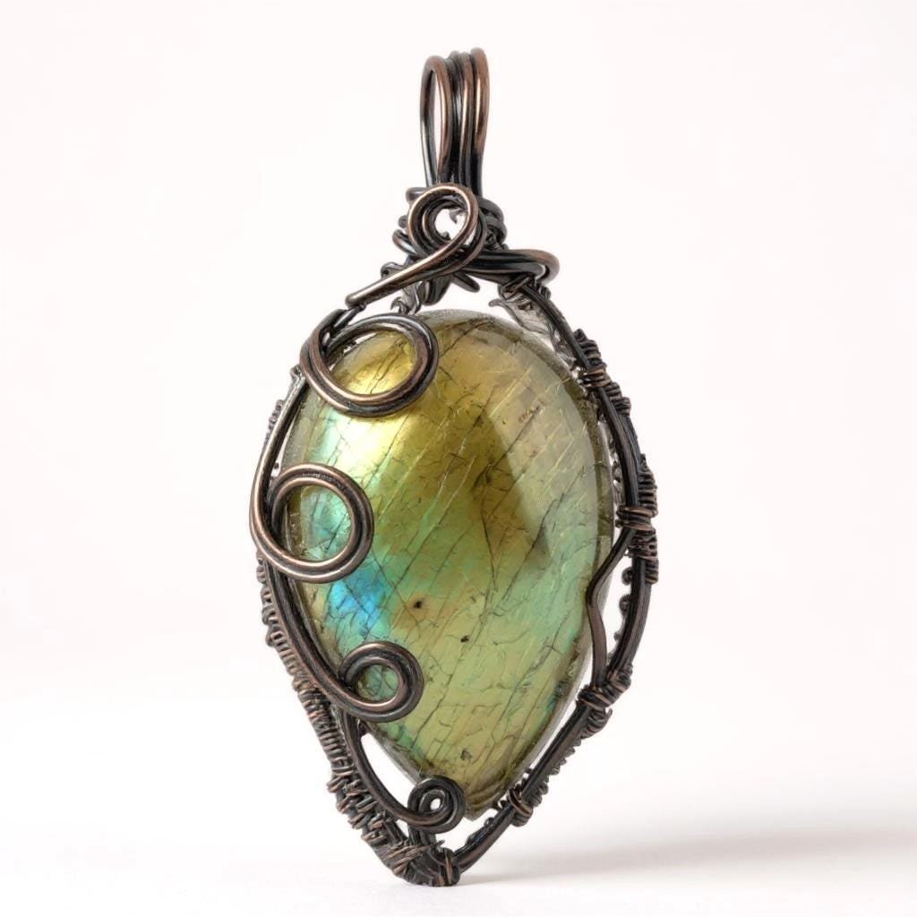 Handmade Labradorite Pendant | Copper Wire Wrapped | Green, Blue & Yellow Hues | 2.5" | Unique Gift